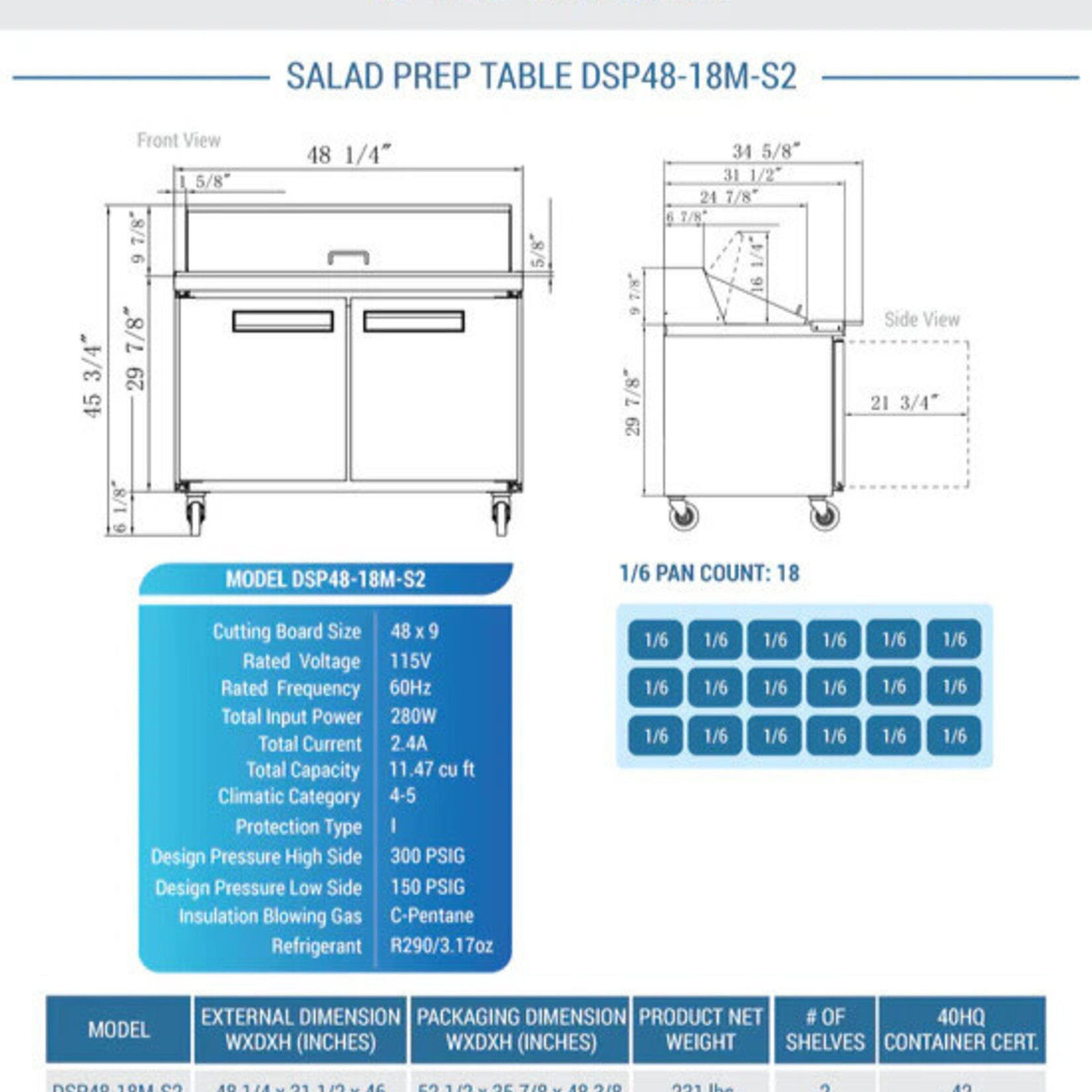 DUKERS DUKERS - 48" 2-Door Commercial Food Prep Table Refrigerator in Stainless Steel with Mega Top