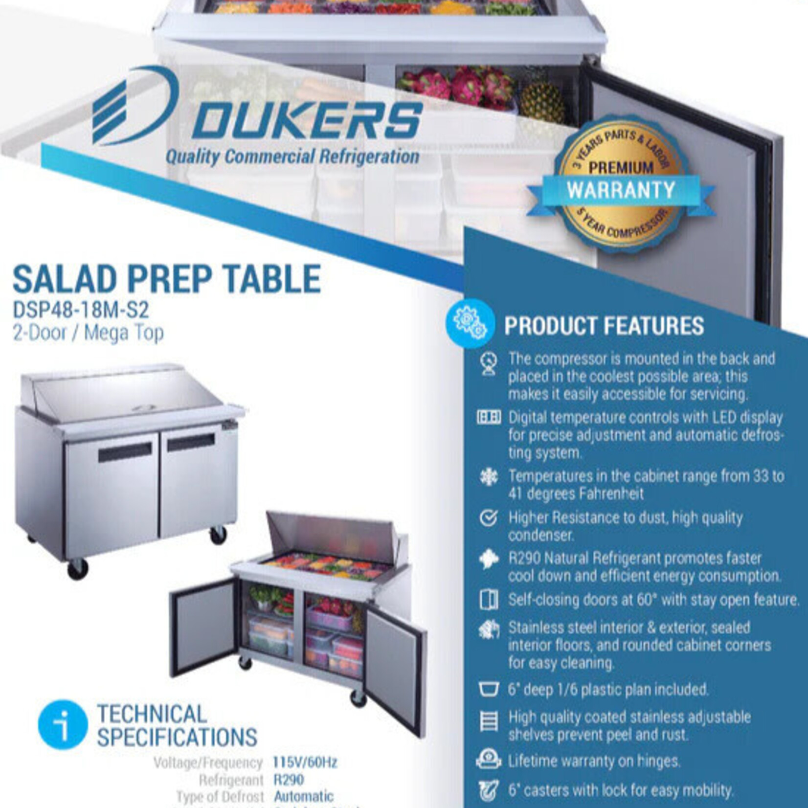 DUKERS DUKERS - 48" 2-Door Commercial Food Prep Table Refrigerator in Stainless Steel with Mega Top