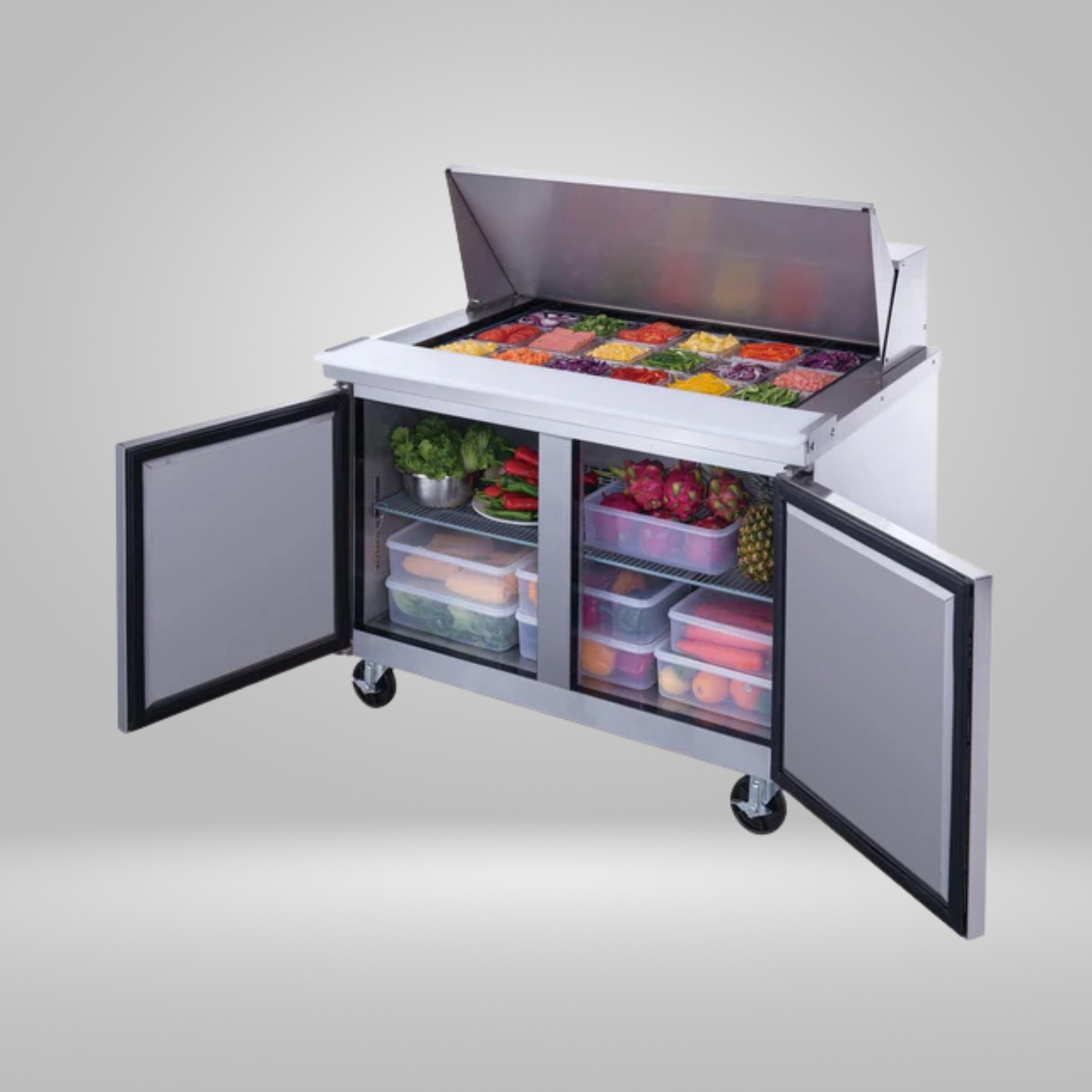 DUKERS DUKERS - 48" 2-Door Commercial Food Prep Table Refrigerator in Stainless Steel with Mega Top