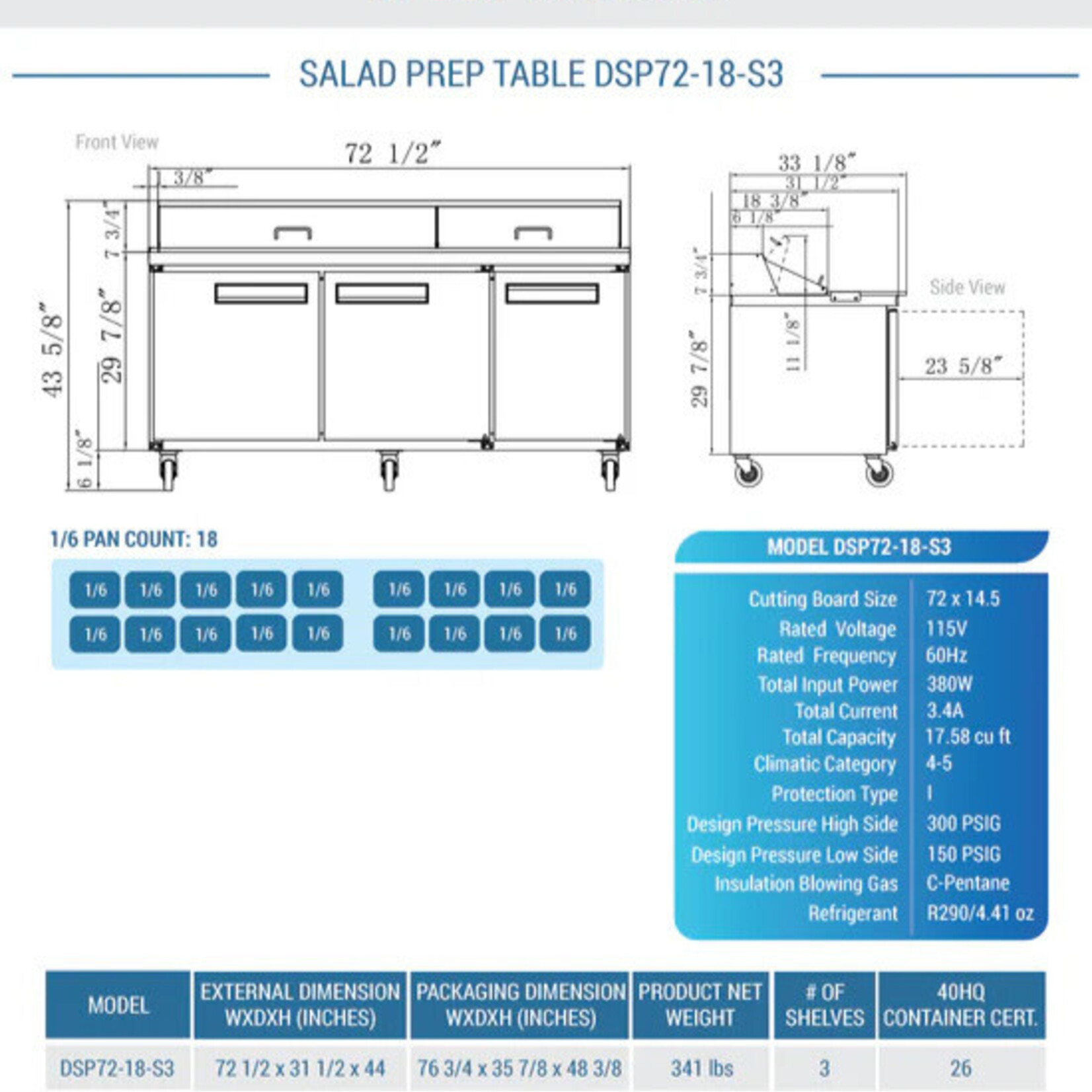 DUKERS DUKERS - 72" 3-Door Commercial Food Prep Table Refrigerator in Stainless Steel