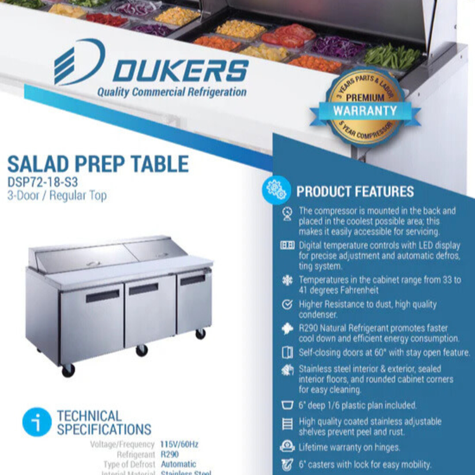 DUKERS DUKERS - 72" 3-Door Commercial Food Prep Table Refrigerator in Stainless Steel