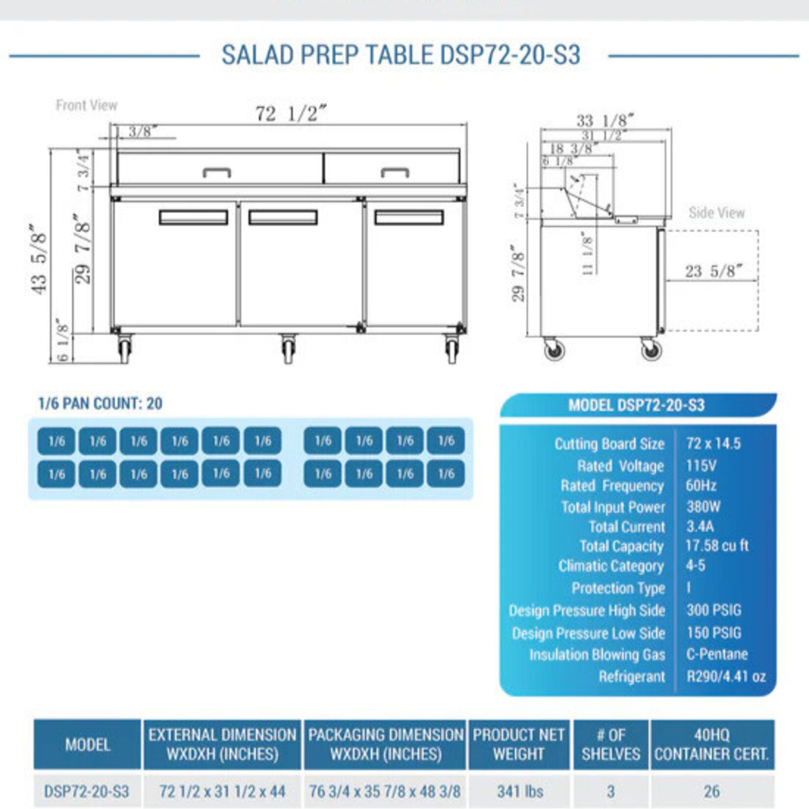 DUKERS DUKERS - 72" 3-Door Commercial Food Prep Table Refrigerator in Stainless Steel with Mega Top