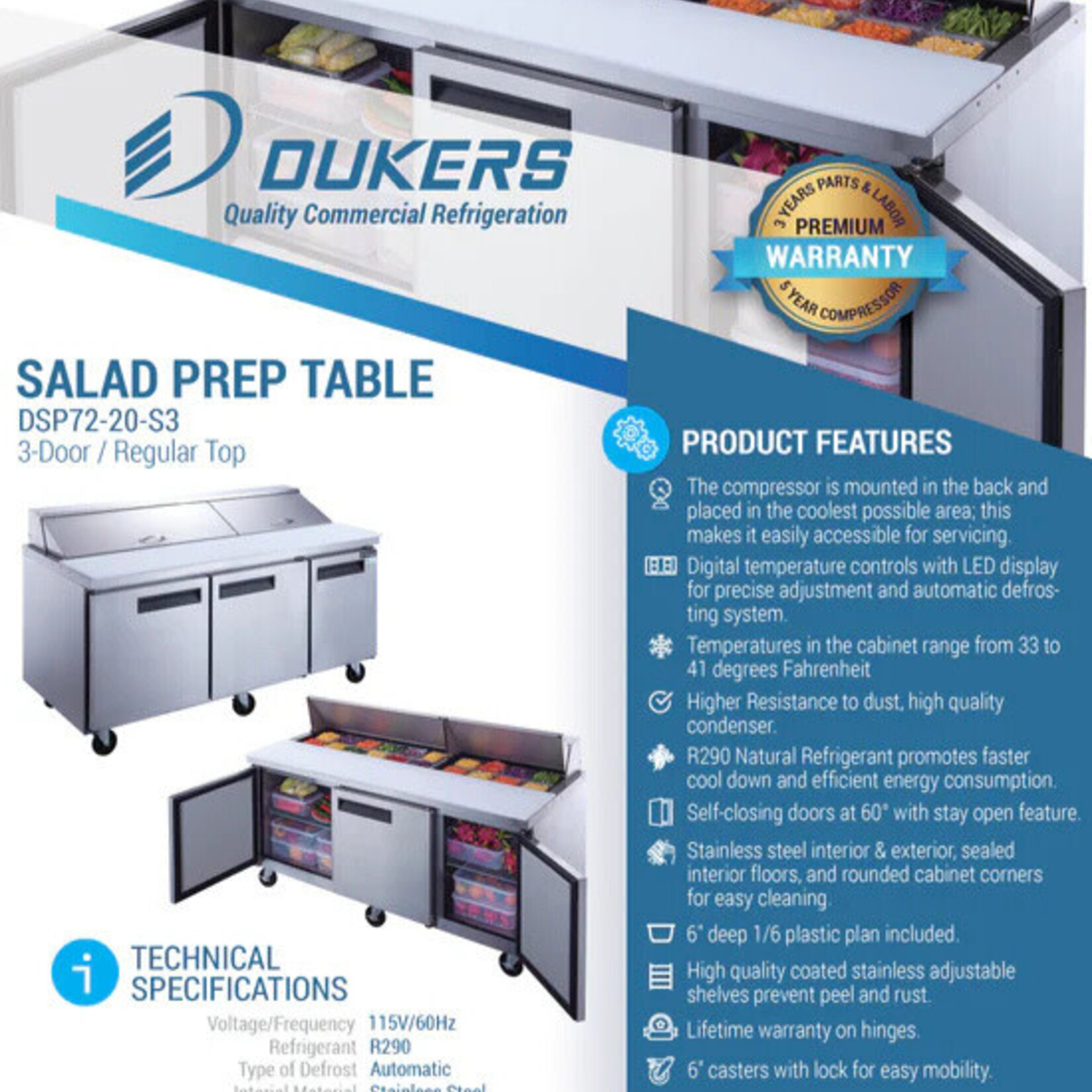 DUKERS DUKERS - 72" 3-Door Commercial Food Prep Table Refrigerator in Stainless Steel with Mega Top