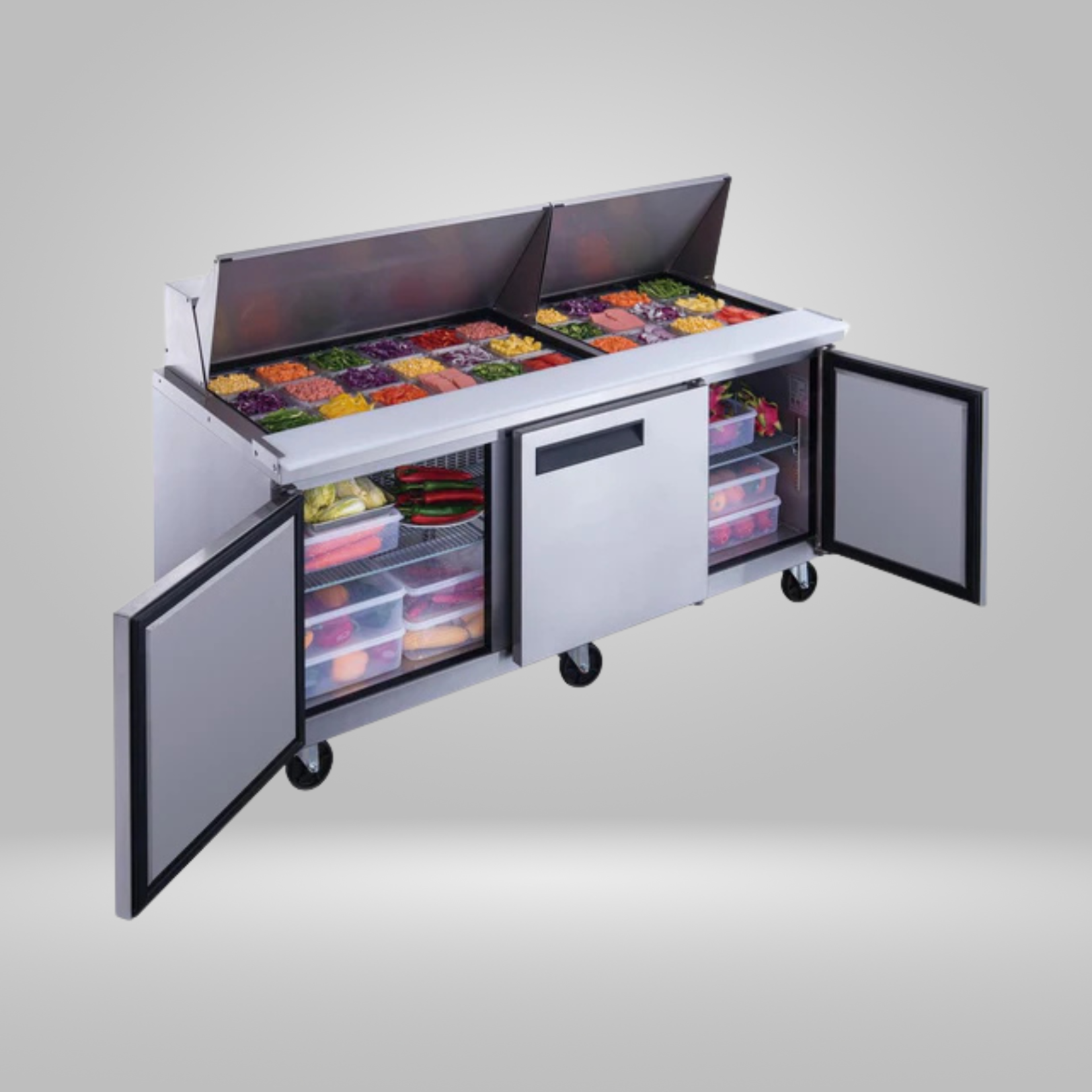 DUKERS DUKERS - 72" 3-Door Commercial Food Prep Table Refrigerator in Stainless Steel with Mega Top