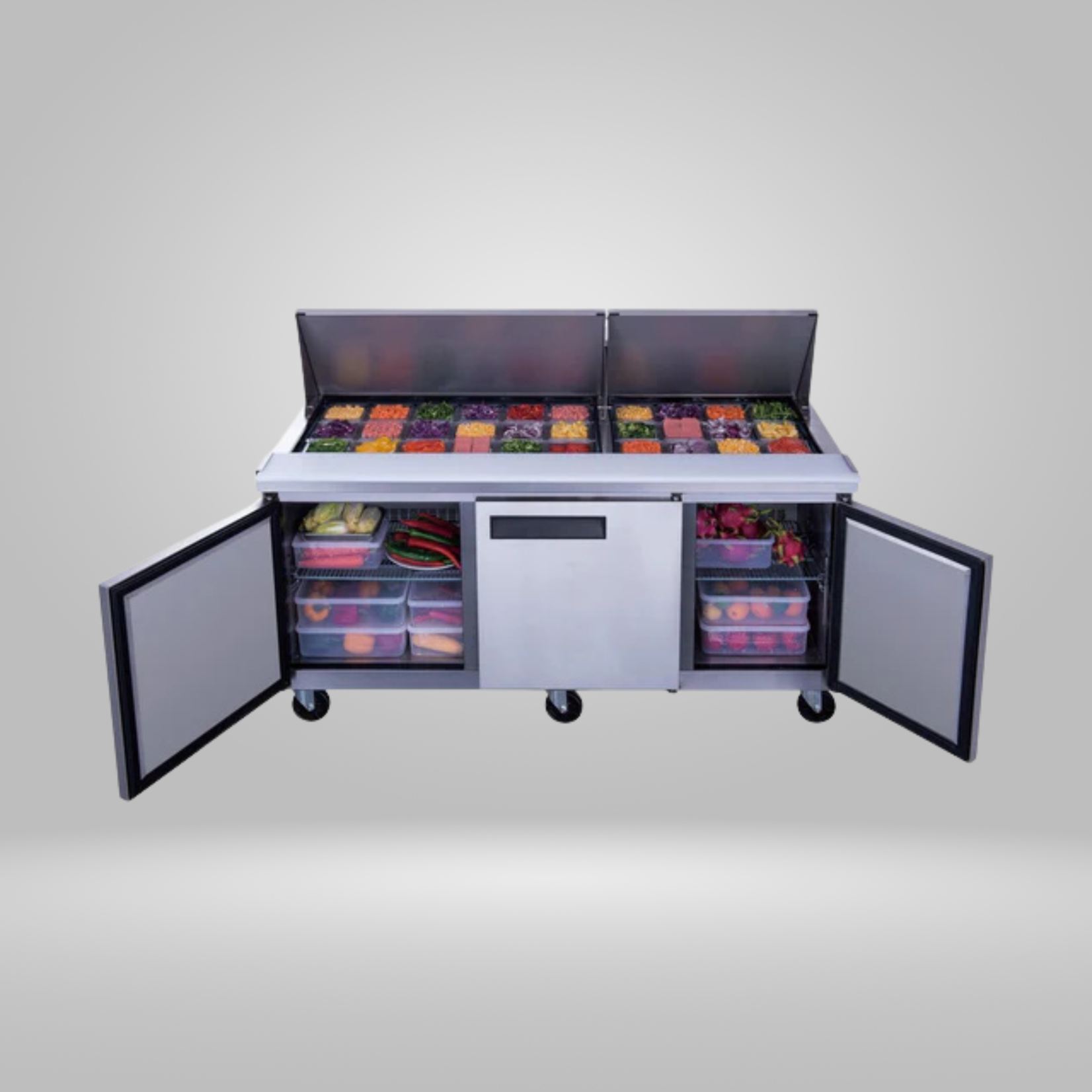 DUKERS DUKERS - 72" 3-Door Commercial Food Prep Table Refrigerator in Stainless Steel with Mega Top