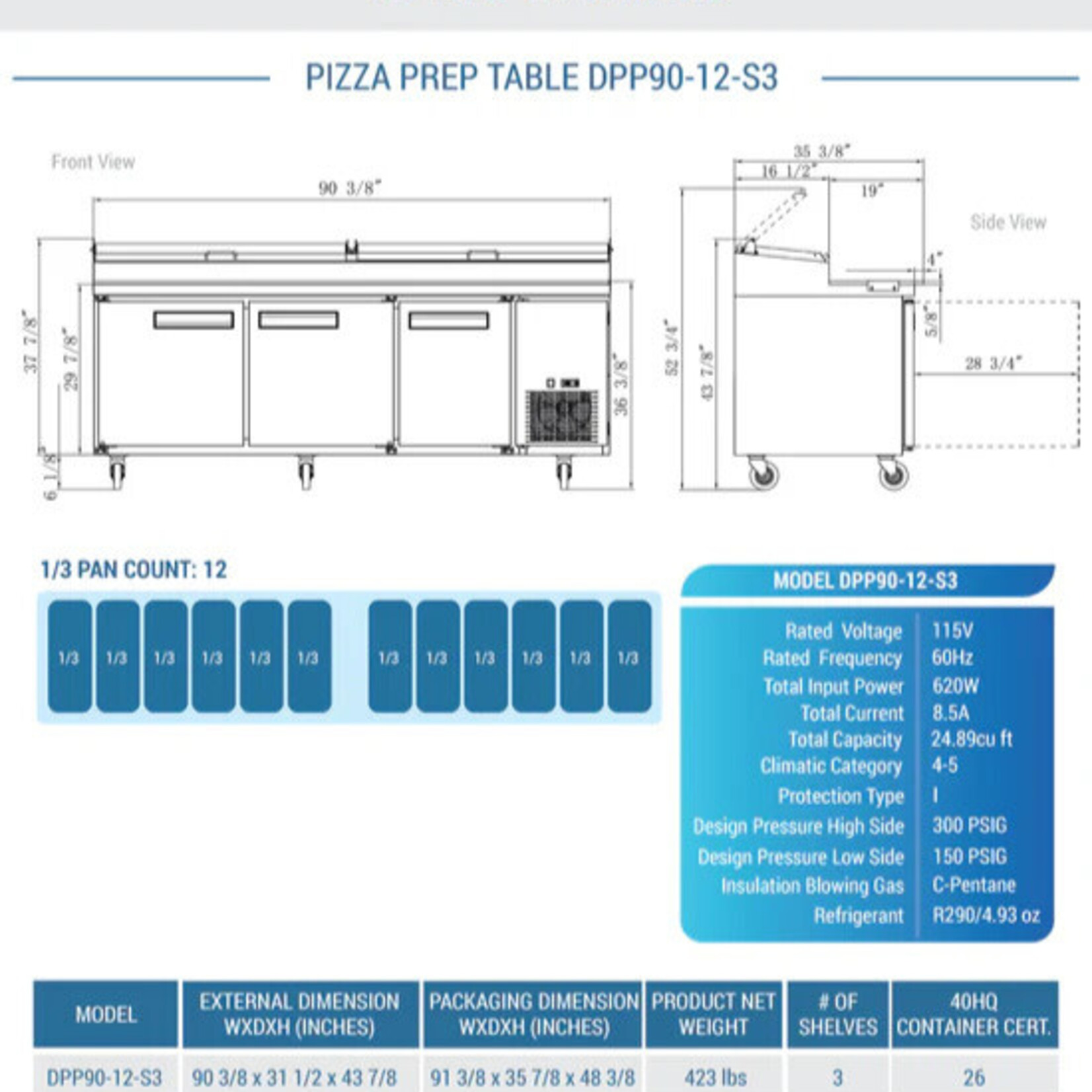 DUKERS DUKERS - Commercial 3-Door Pizza Prep Table Refrigerator