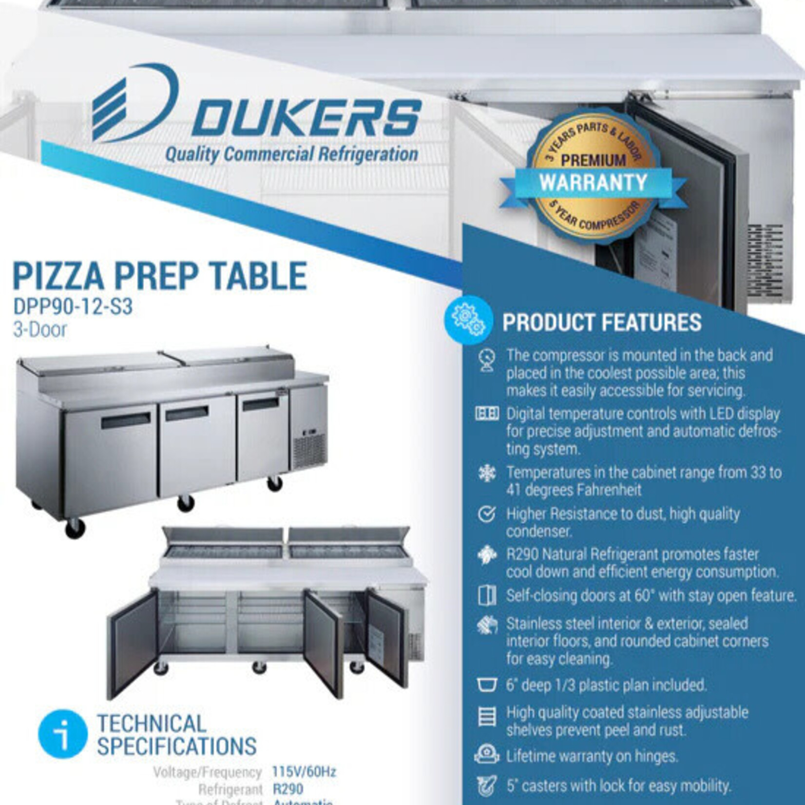 DUKERS DUKERS - Commercial 3-Door Pizza Prep Table Refrigerator