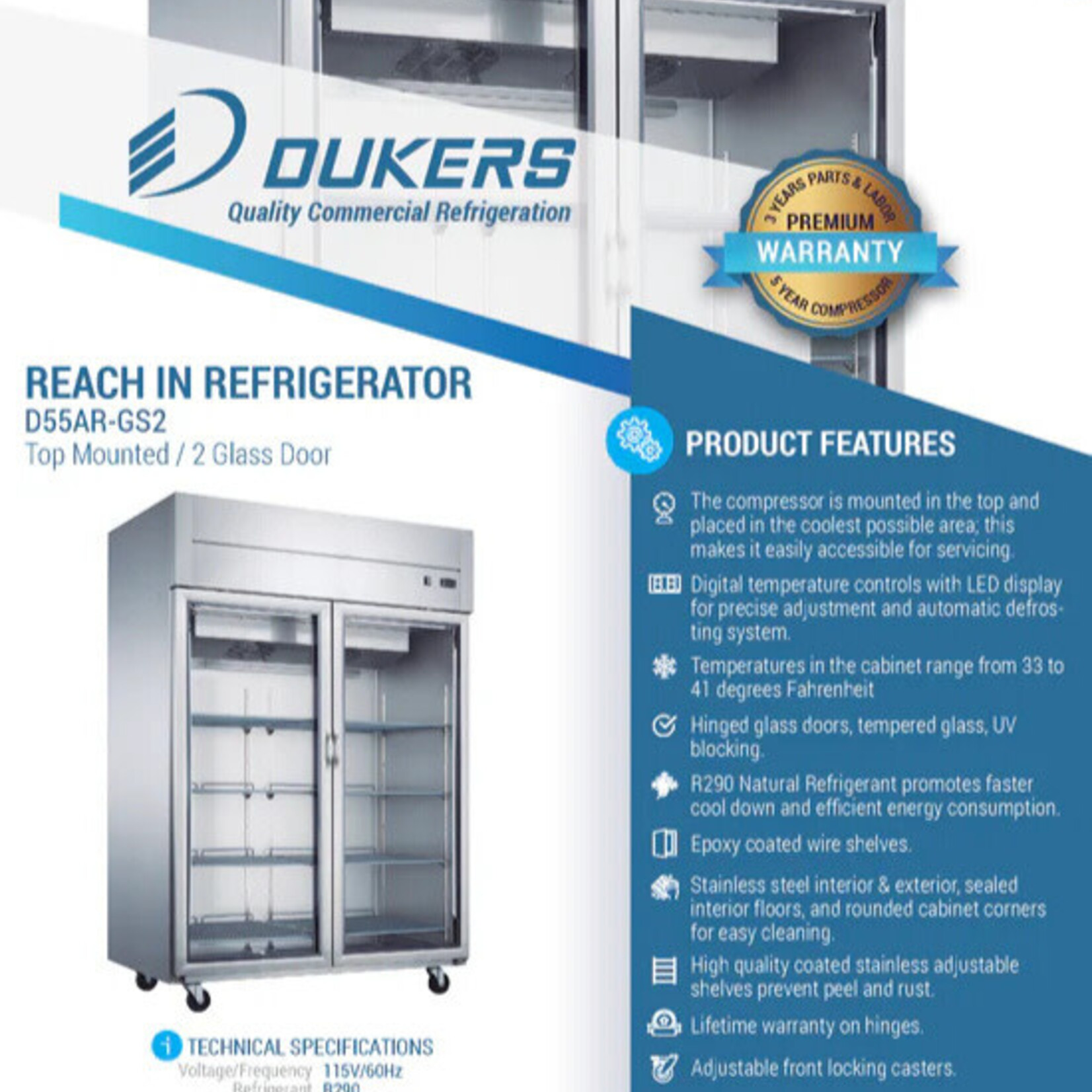 DUKERS DUKERS - Top Mount Glass 2-Door Commercial Reach-in Refrigerator