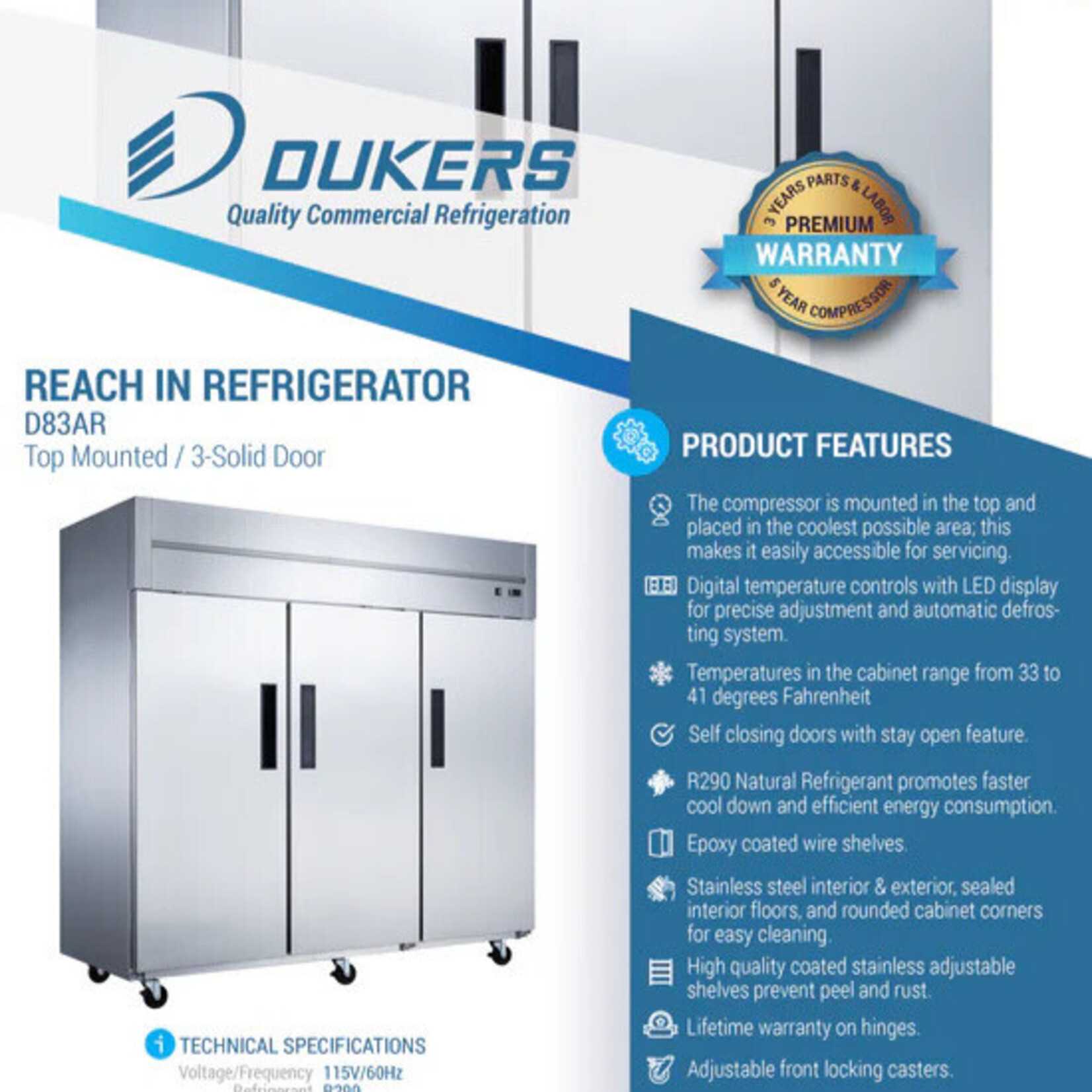 DUKERS DUKERS -3-Door Top Mount  Commercial Refrigerator in Stainless Steel