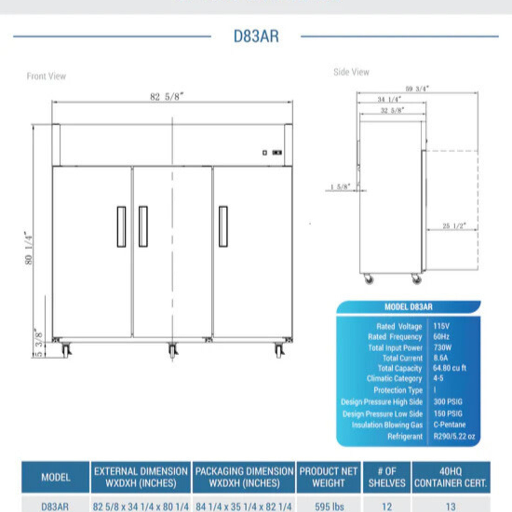 DUKERS DUKERS -3-Door Top Mount  Commercial Refrigerator in Stainless Steel