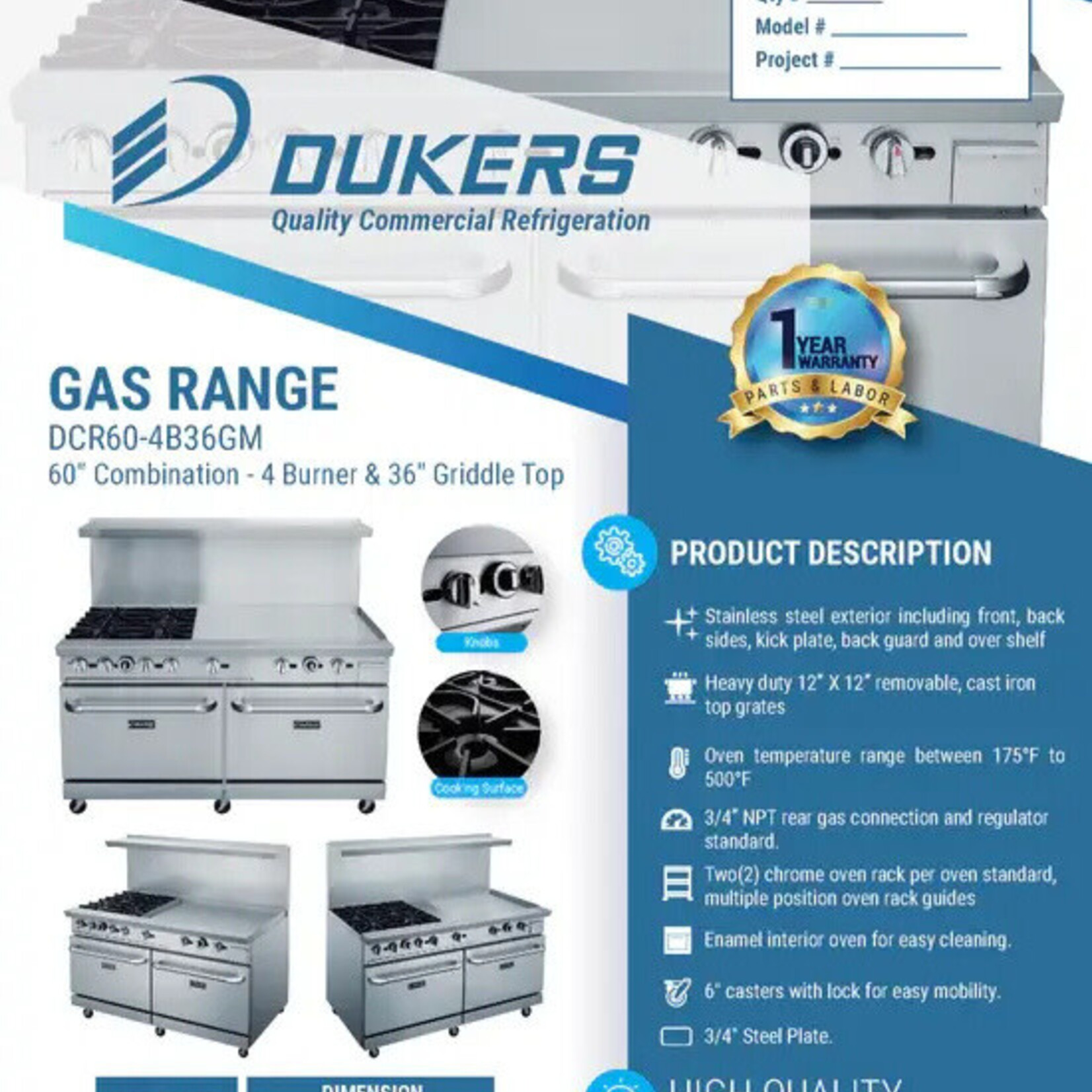 DUKERS DUKERS - 60" Gas Range with Four (4) Open Burners & 36" Griddle