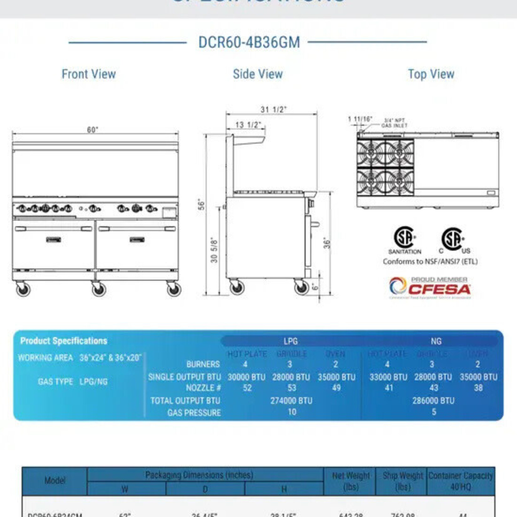 DUKERS DUKERS - 60" Gas Range with Four (4) Open Burners & 36" Griddle