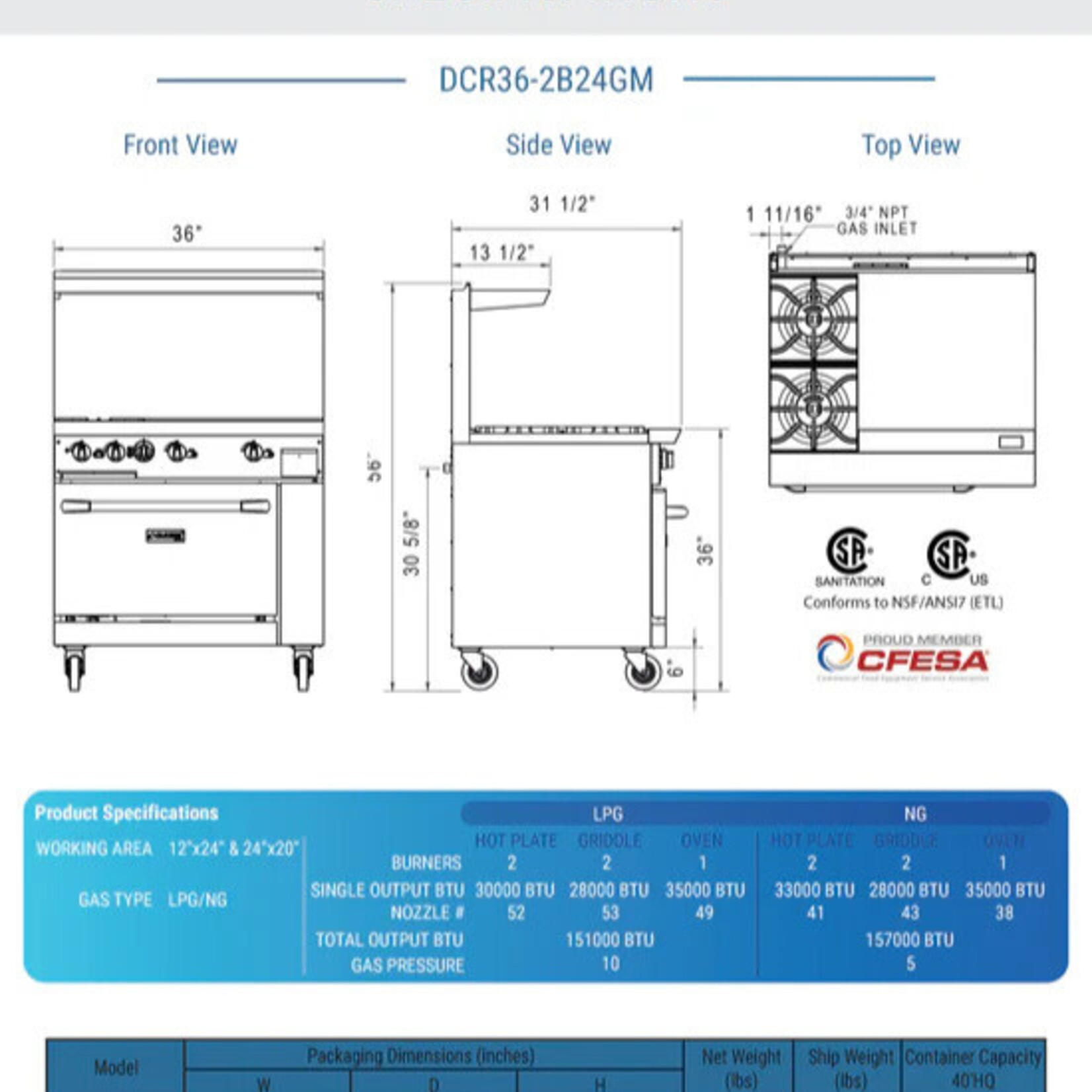 DUKERS DUKERS - 36" Gas Range with Two (2) Open Burners & 24" Griddle