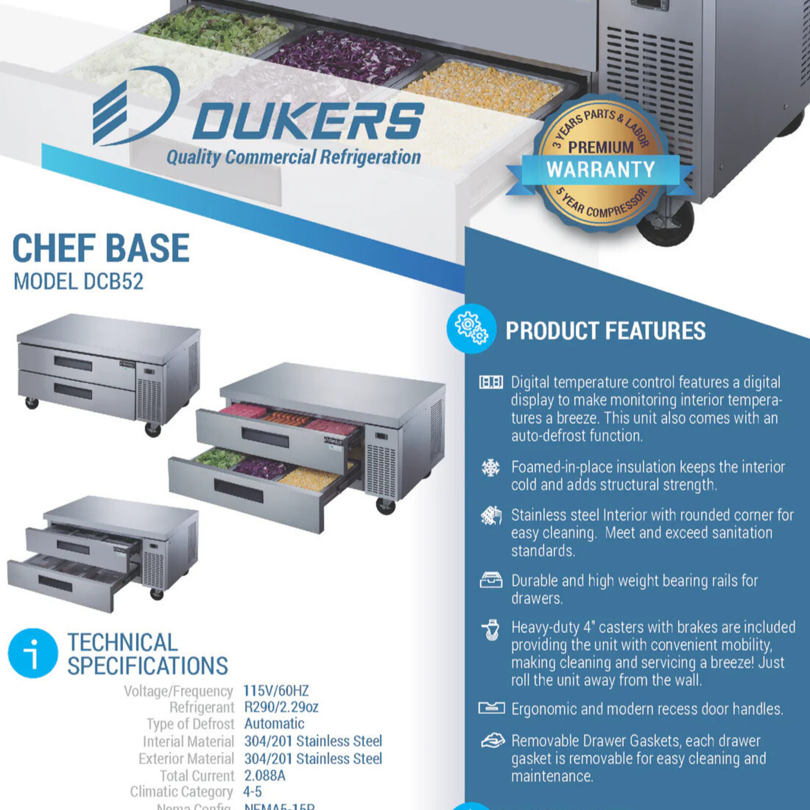 DUKERS DUKERS - 52" Chef Base Refrigerator with 2 Drawers