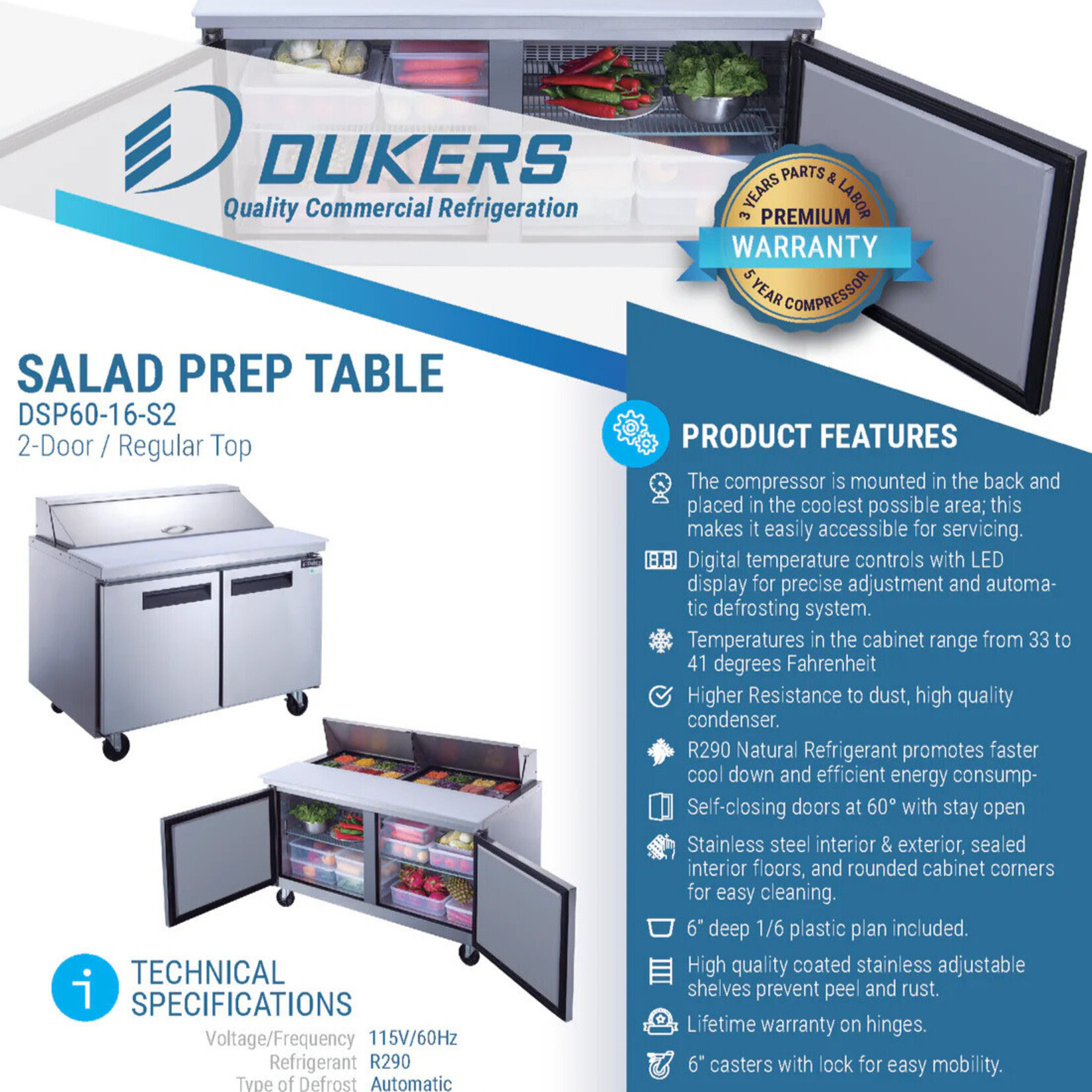 DUKERS DUKERS - 60" 2-Door Commercial Food Prep Table Refrigerator in Stainless Steel