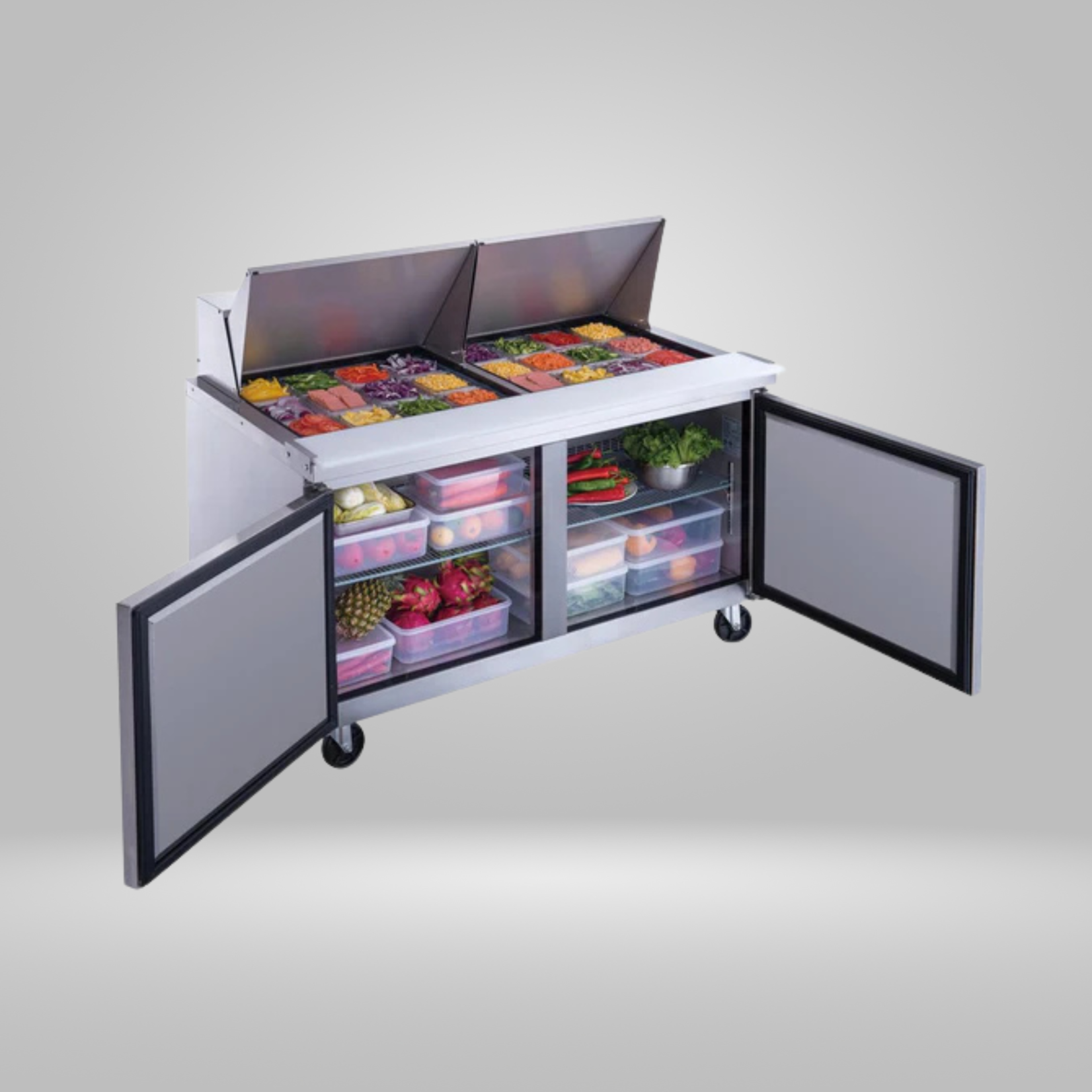 DUKERS DUKERS - 60" 2-Door Commercial Food Prep Table Refrigerator in Stainless Steel with Mega Top