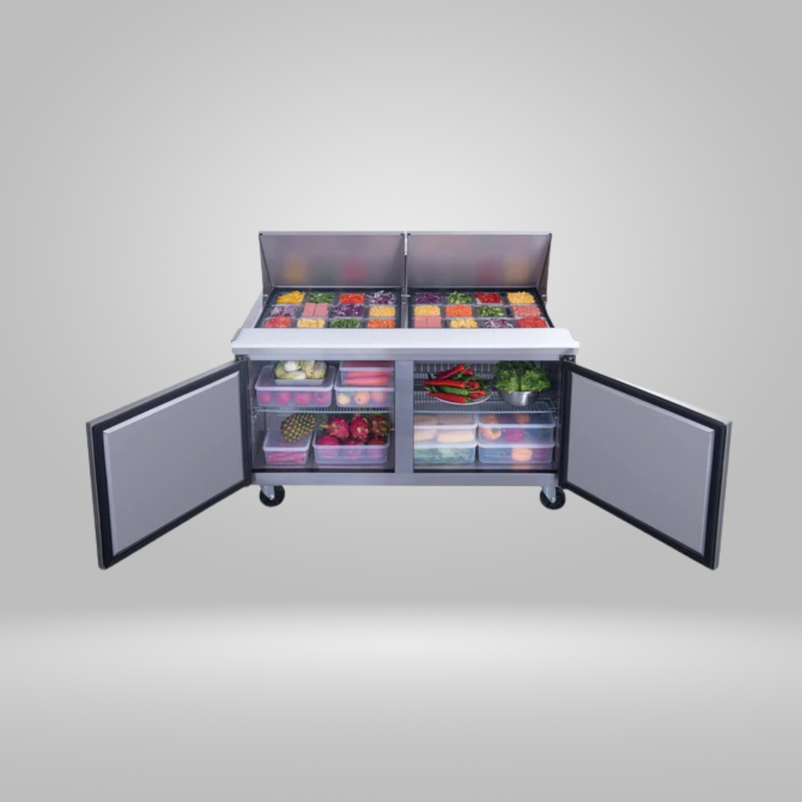 DUKERS DUKERS - 60" 2-Door Commercial Food Prep Table Refrigerator in Stainless Steel with Mega Top