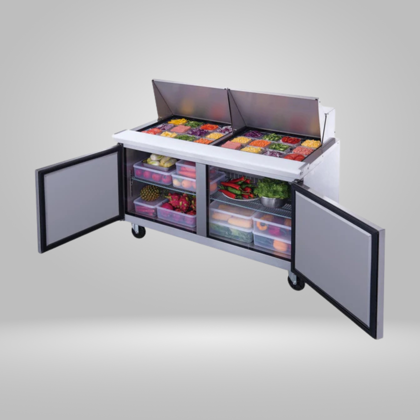 DUKERS DUKERS - 60" 2-Door Commercial Food Prep Table Refrigerator in Stainless Steel with Mega Top