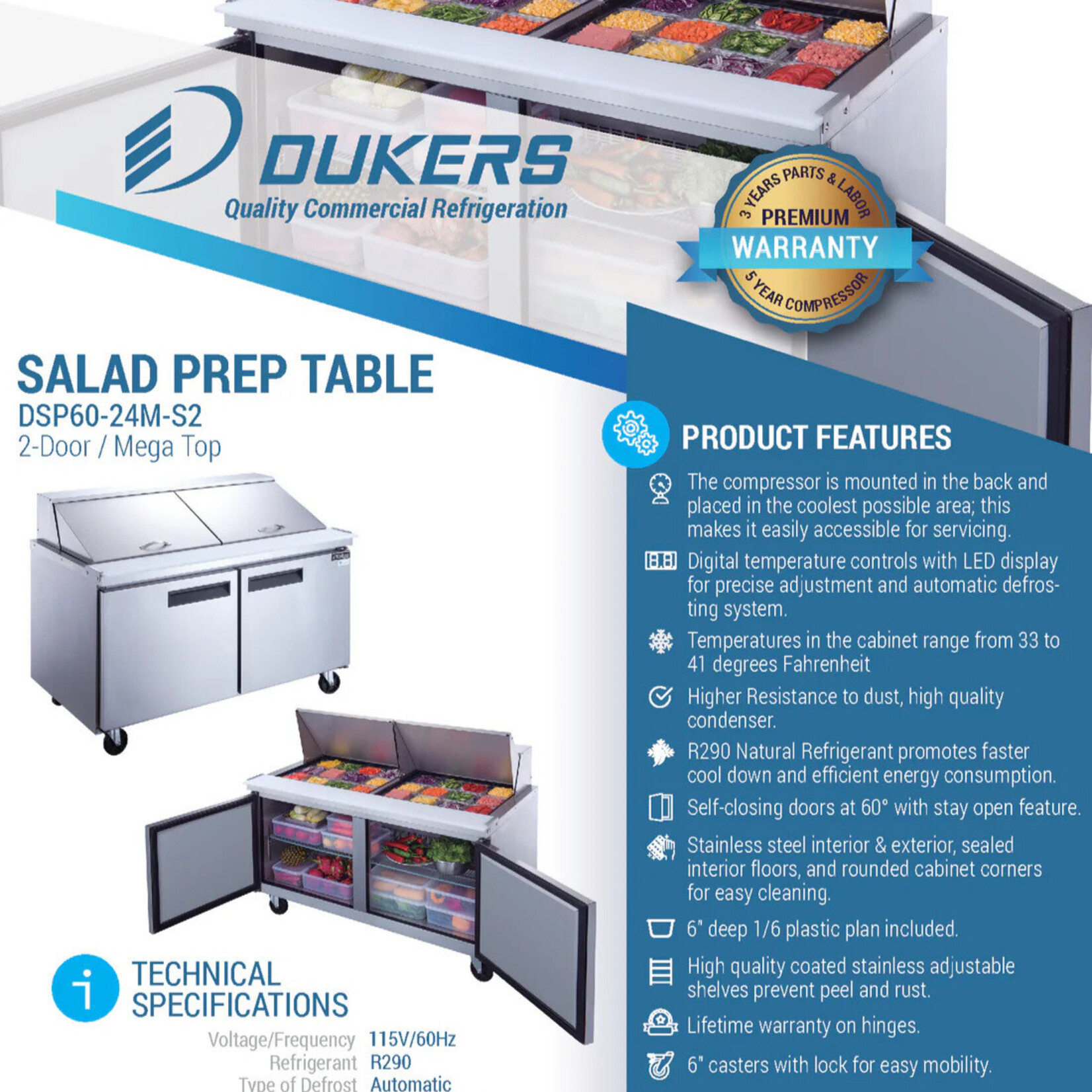 DUKERS DUKERS - 60" 2-Door Commercial Food Prep Table Refrigerator in Stainless Steel with Mega Top