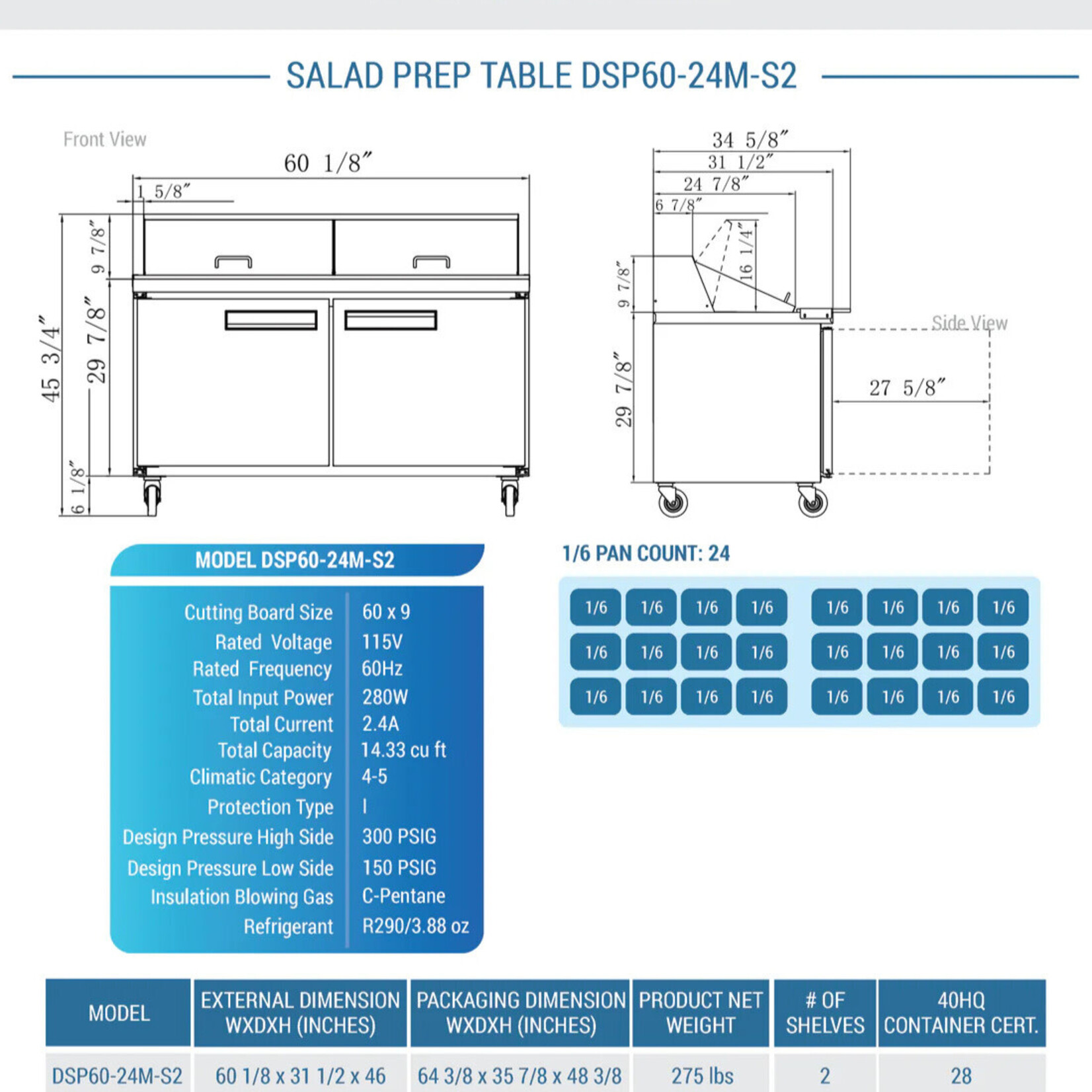DUKERS DUKERS - 60" 2-Door Commercial Food Prep Table Refrigerator in Stainless Steel with Mega Top