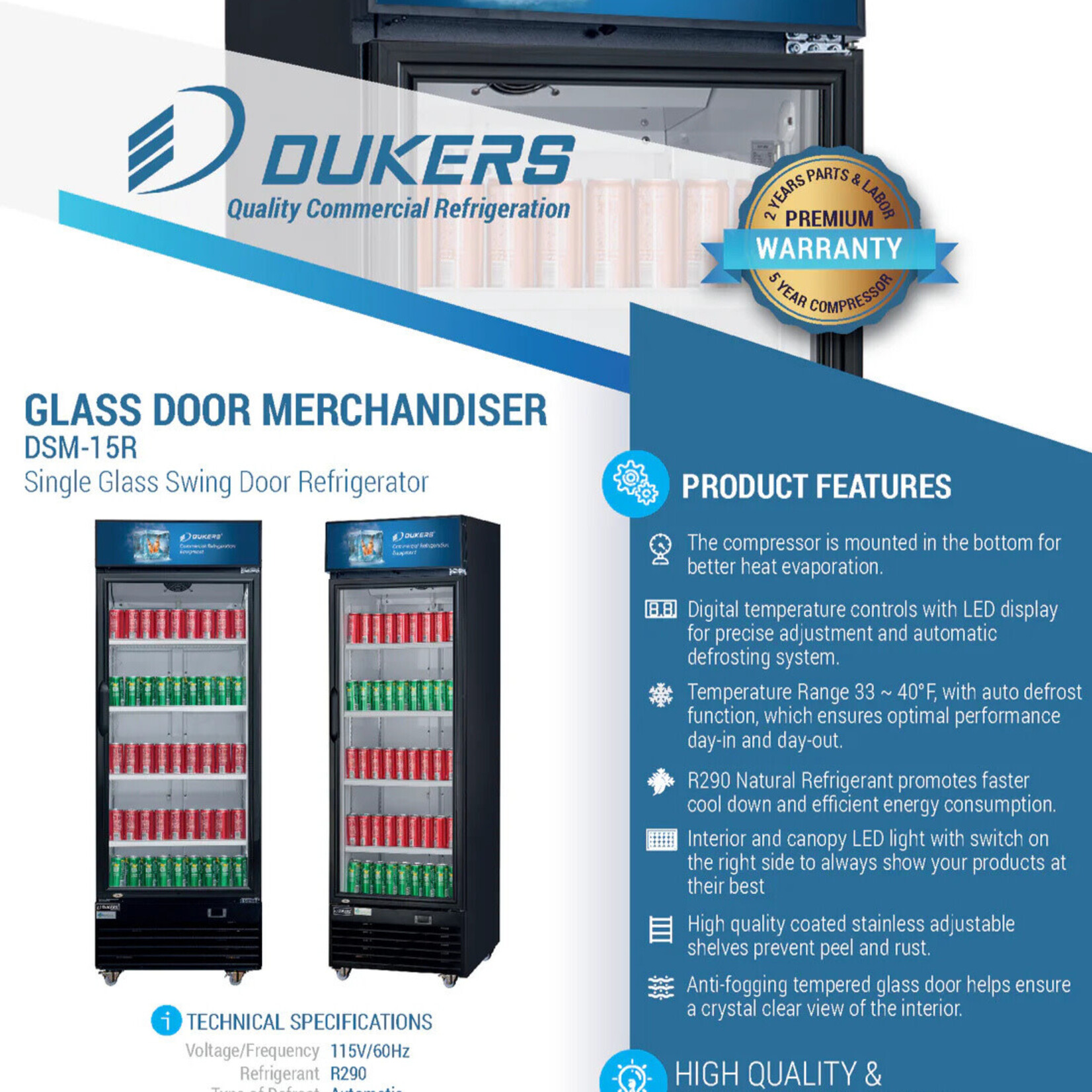 DUKERS DUKERS - 27" Commercial Single Swing Door Glass Merchandiser Refrigerator