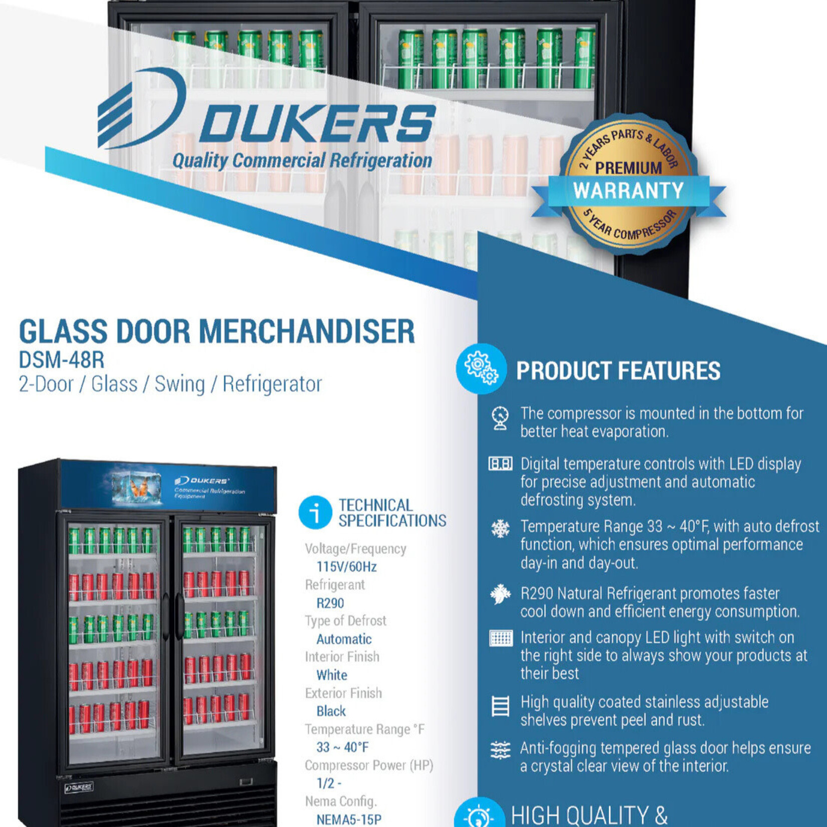 DUKERS DUKERS - 54" Commercial Glass Swing 2-Door Merchandiser Refrigerator in Black