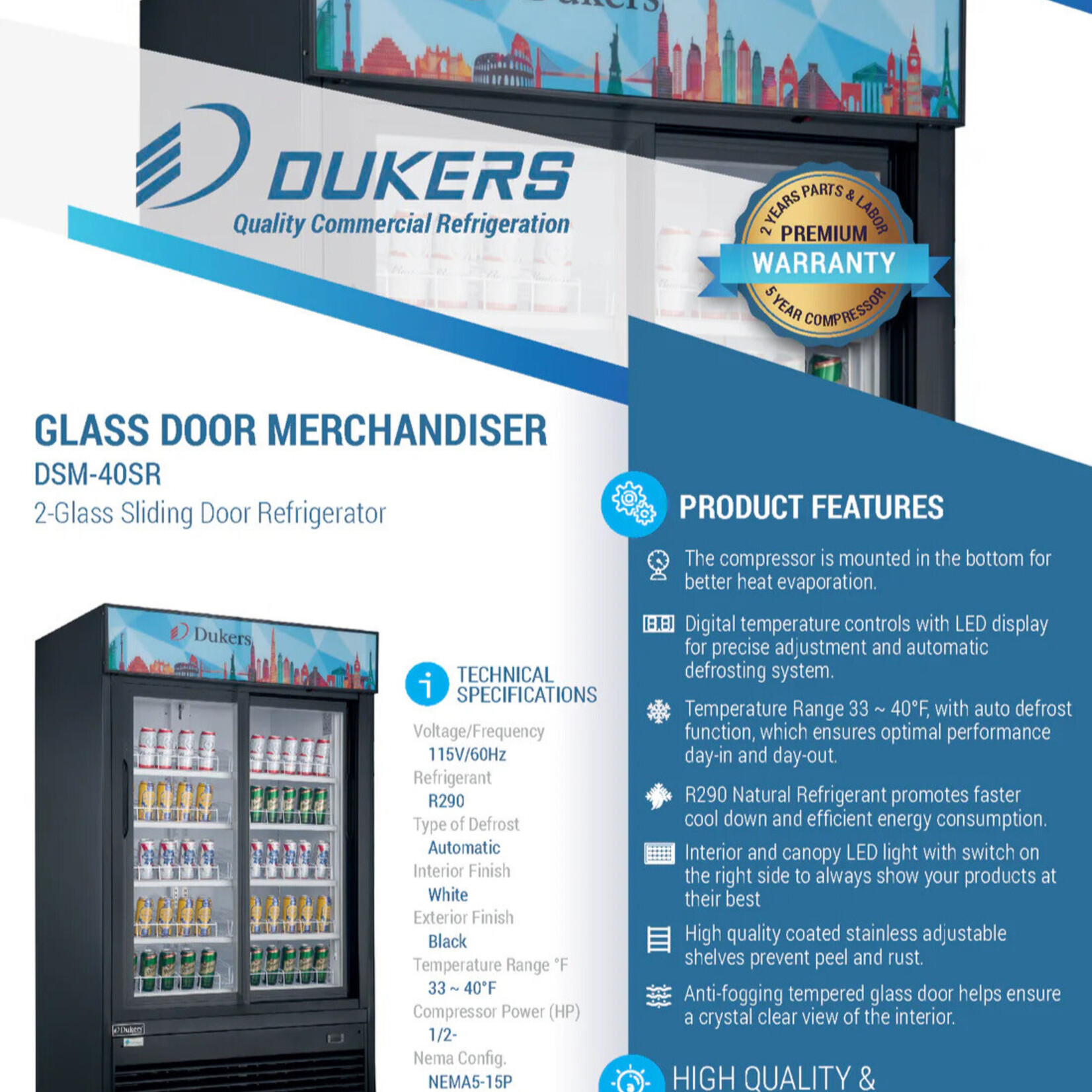 DUKERS DUKERS - 47" Commercial Glass Sliding 2-Door Merchandiser Refrigerator in Black