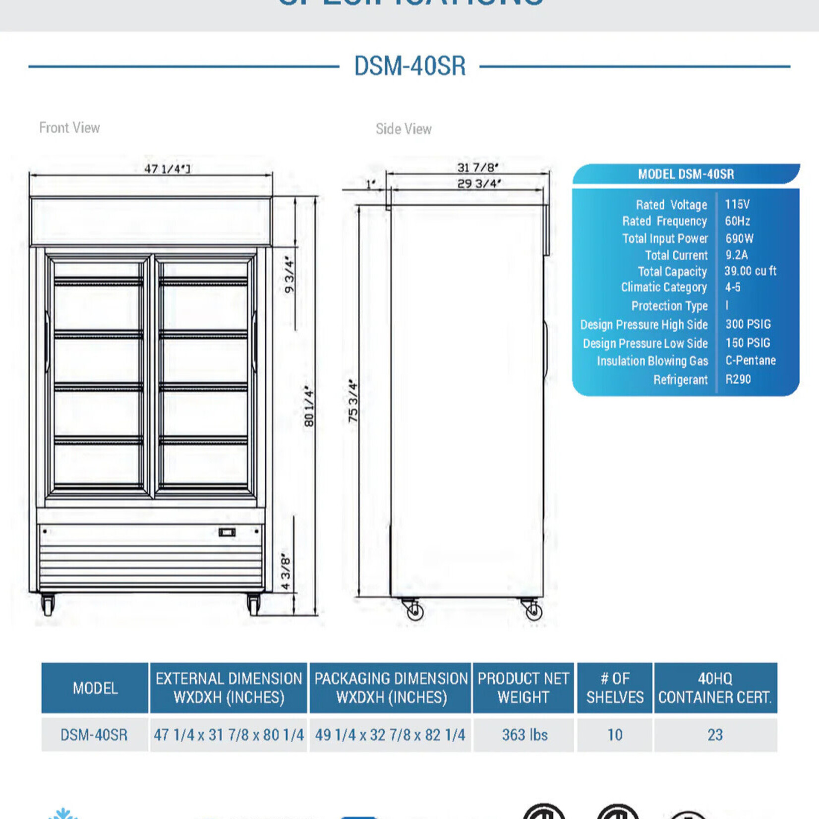 DUKERS DUKERS - 47" Commercial Glass Sliding 2-Door Merchandiser Refrigerator in Black
