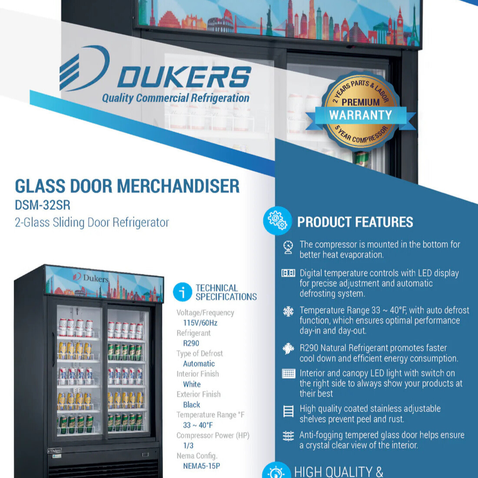 DUKERS DUKERS - 39" Commercial Glass Sliding 2-Door Merchandiser Refrigerator