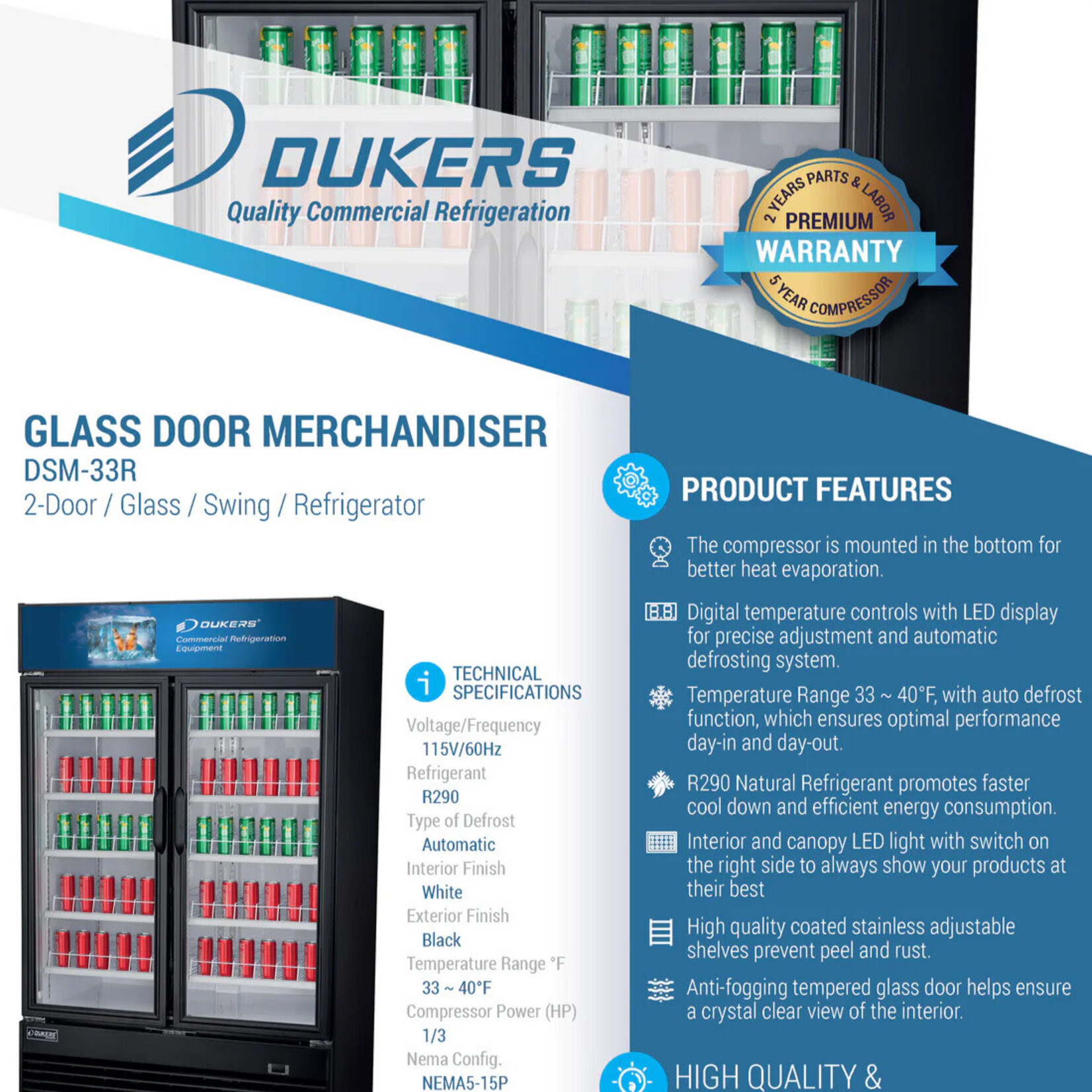 DUKERS DUKERS - 39" Commercial Glass Swing 2-Door Merchandiser Refrigerator