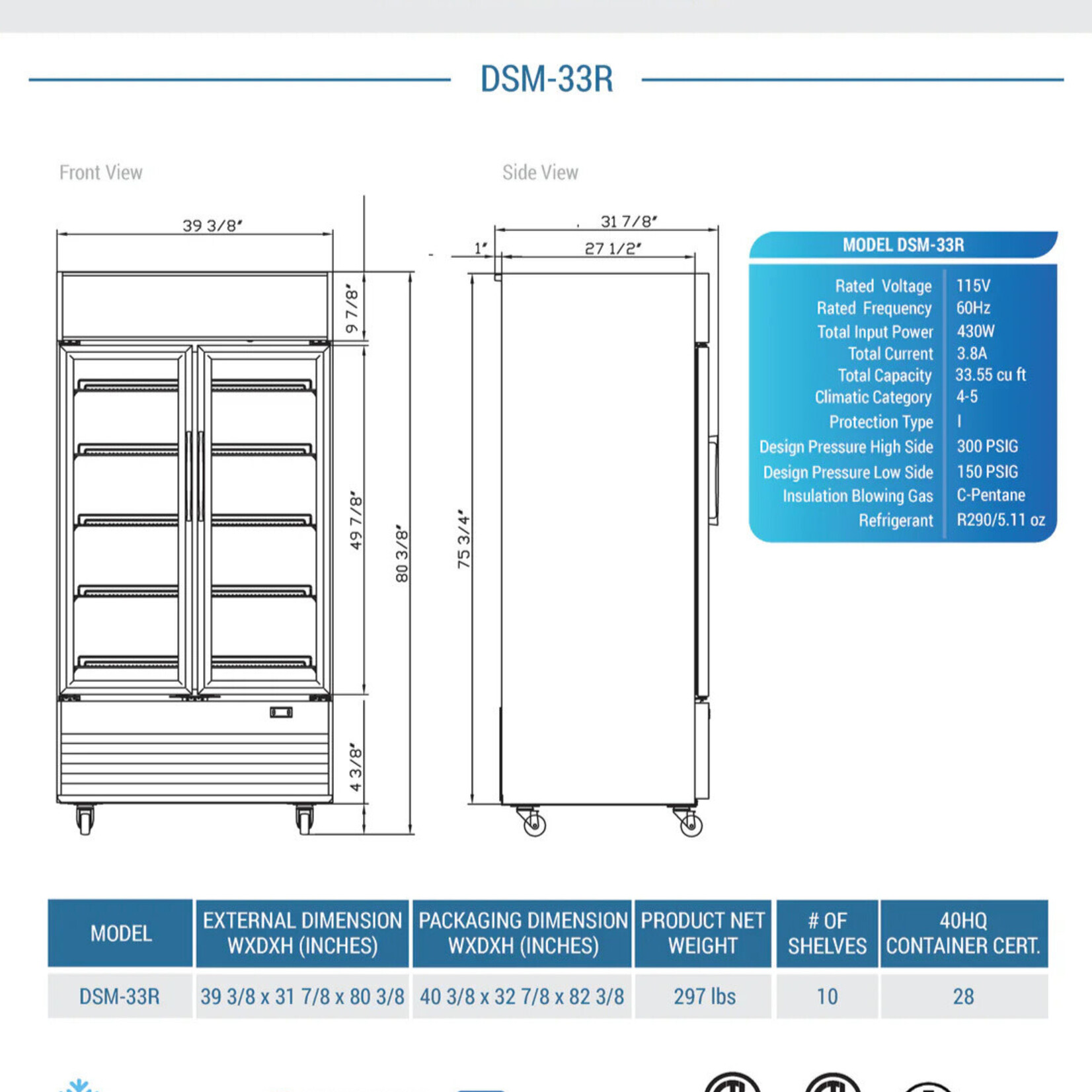 DUKERS DUKERS - 39" Commercial Glass Swing 2-Door Merchandiser Refrigerator