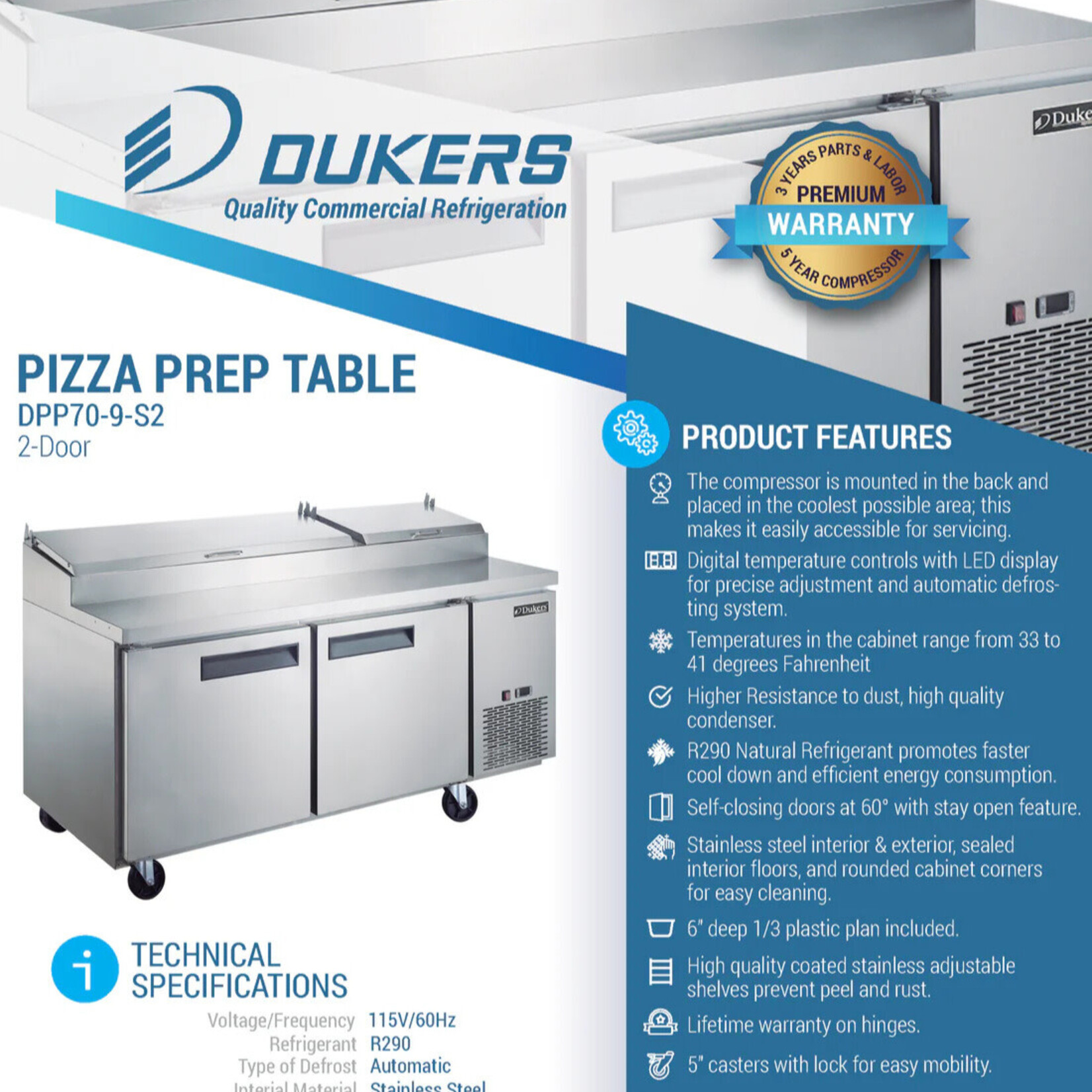 DUKERS DUKERS - Commercial 2-Door Pizza Prep Table Refrigerator