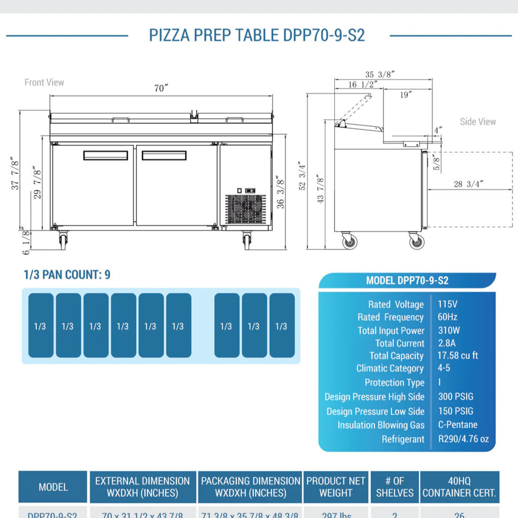 DUKERS DUKERS - Commercial 2-Door Pizza Prep Table Refrigerator