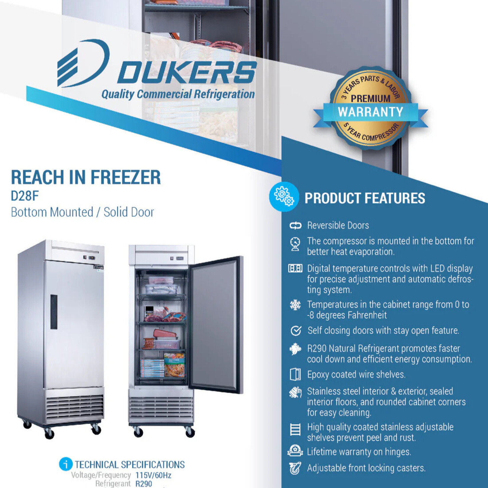 DUKERS DUKERS - Single Door Commercial Freezer in Stainless Steel
