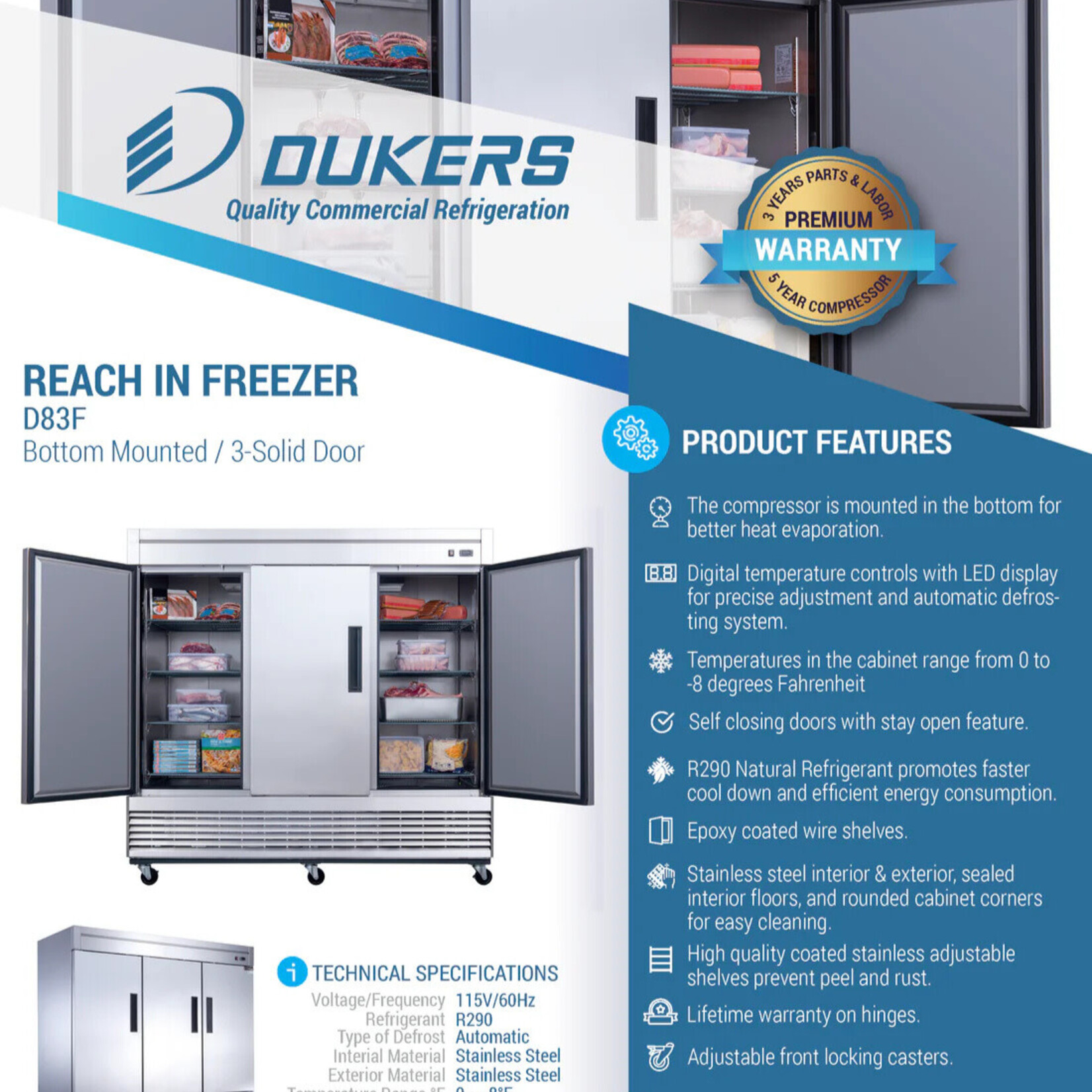 DUKERS DUKERS - 3-Door Commercial Freezer in Stainless Steel