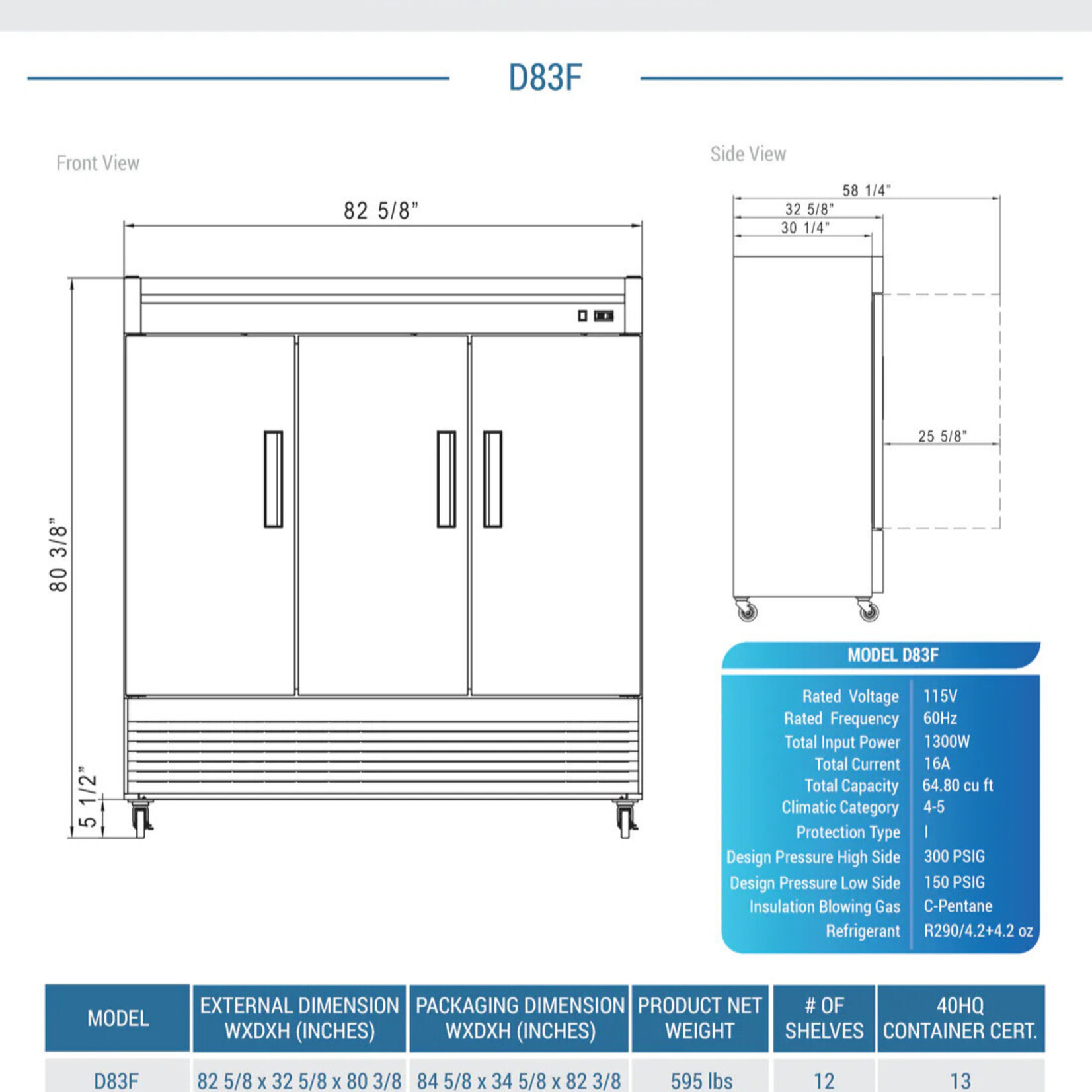 DUKERS DUKERS - 3-Door Commercial Freezer in Stainless Steel
