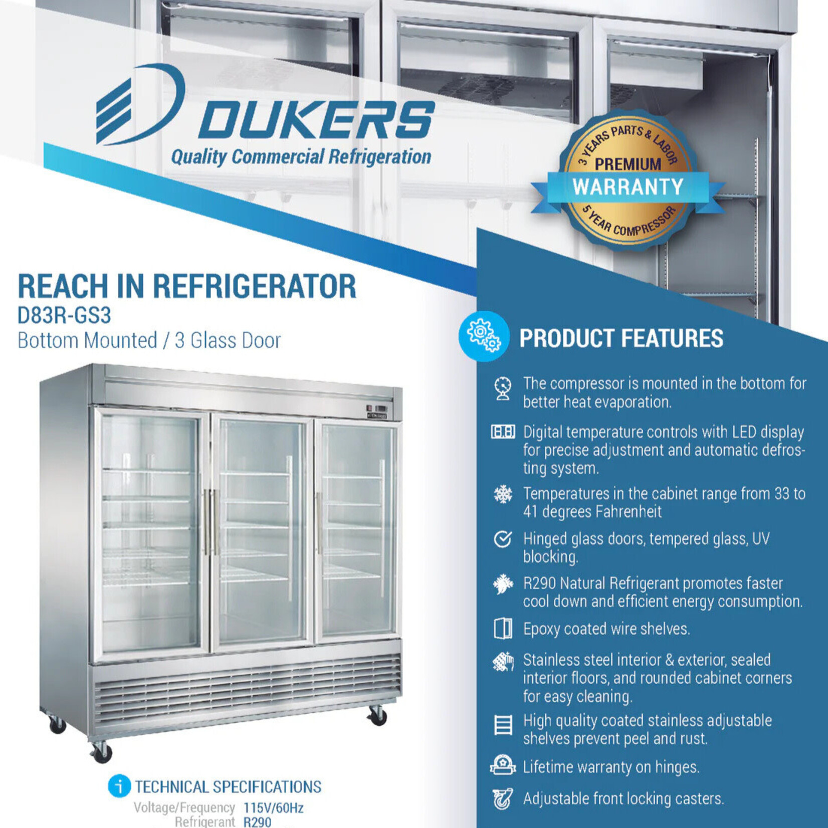 DUKERS DUKERS - Bottom Mount Glass 3-Door Commercial Reach-in Refrigerator