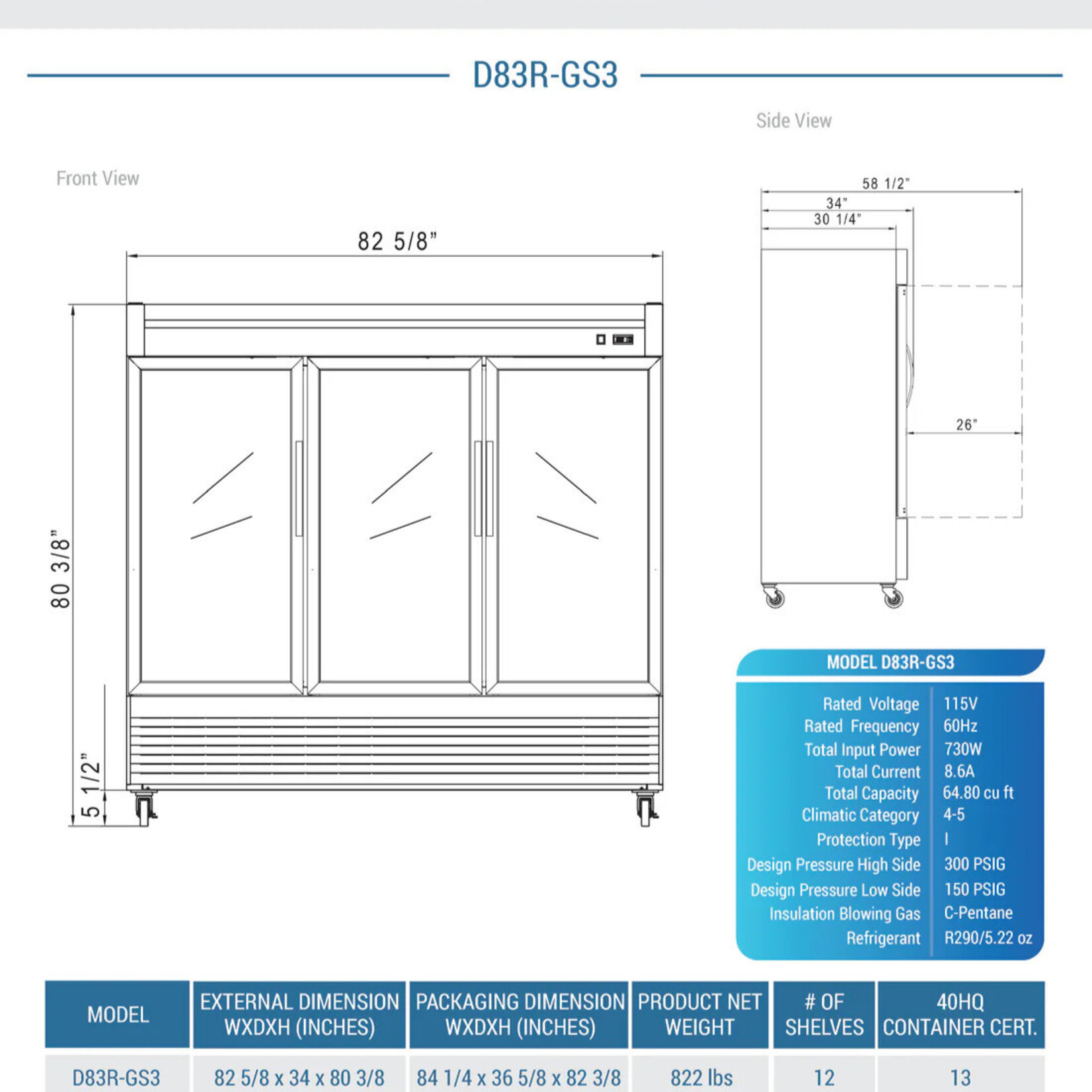 DUKERS DUKERS - Bottom Mount Glass 3-Door Commercial Reach-in Refrigerator
