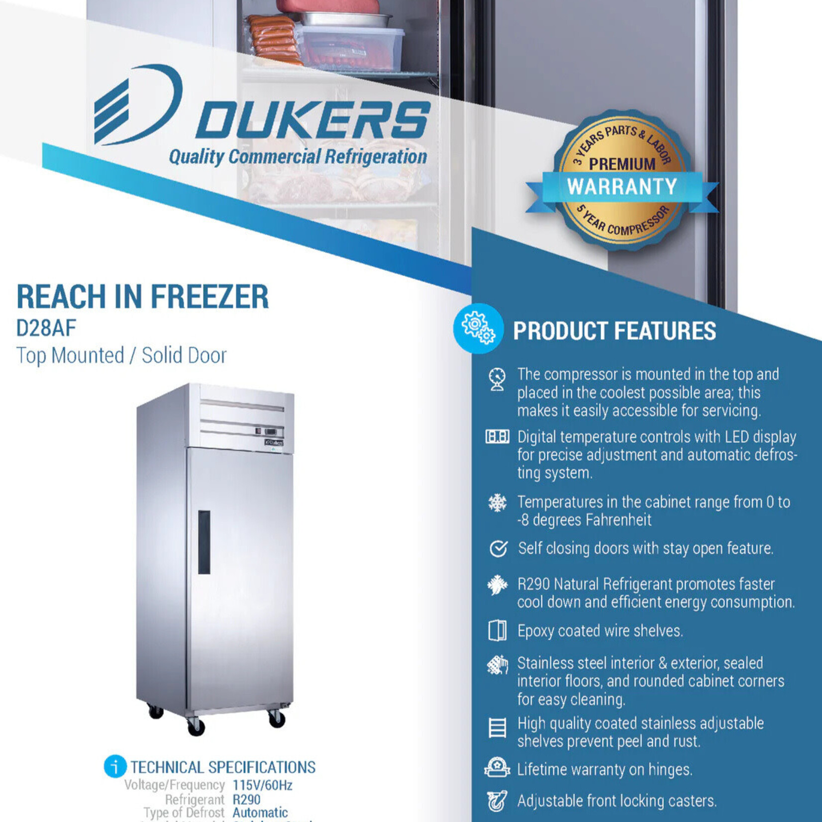 DUKERS DUKERS - Commercial Single Door Top Mount Freezer in Stainless Steel