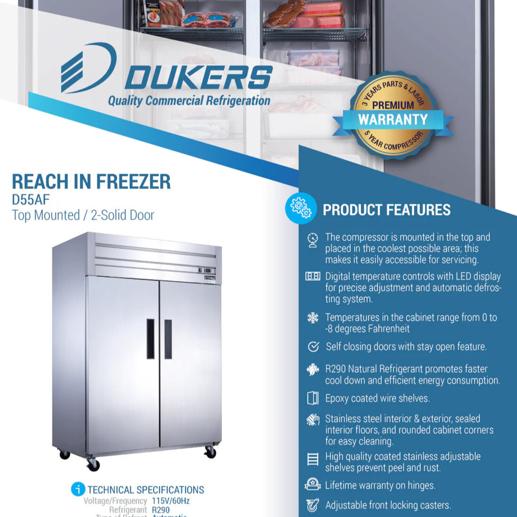 DUKERS DUKERS - Commercial 2-Door Top Mount Freezer in Stainless Steel