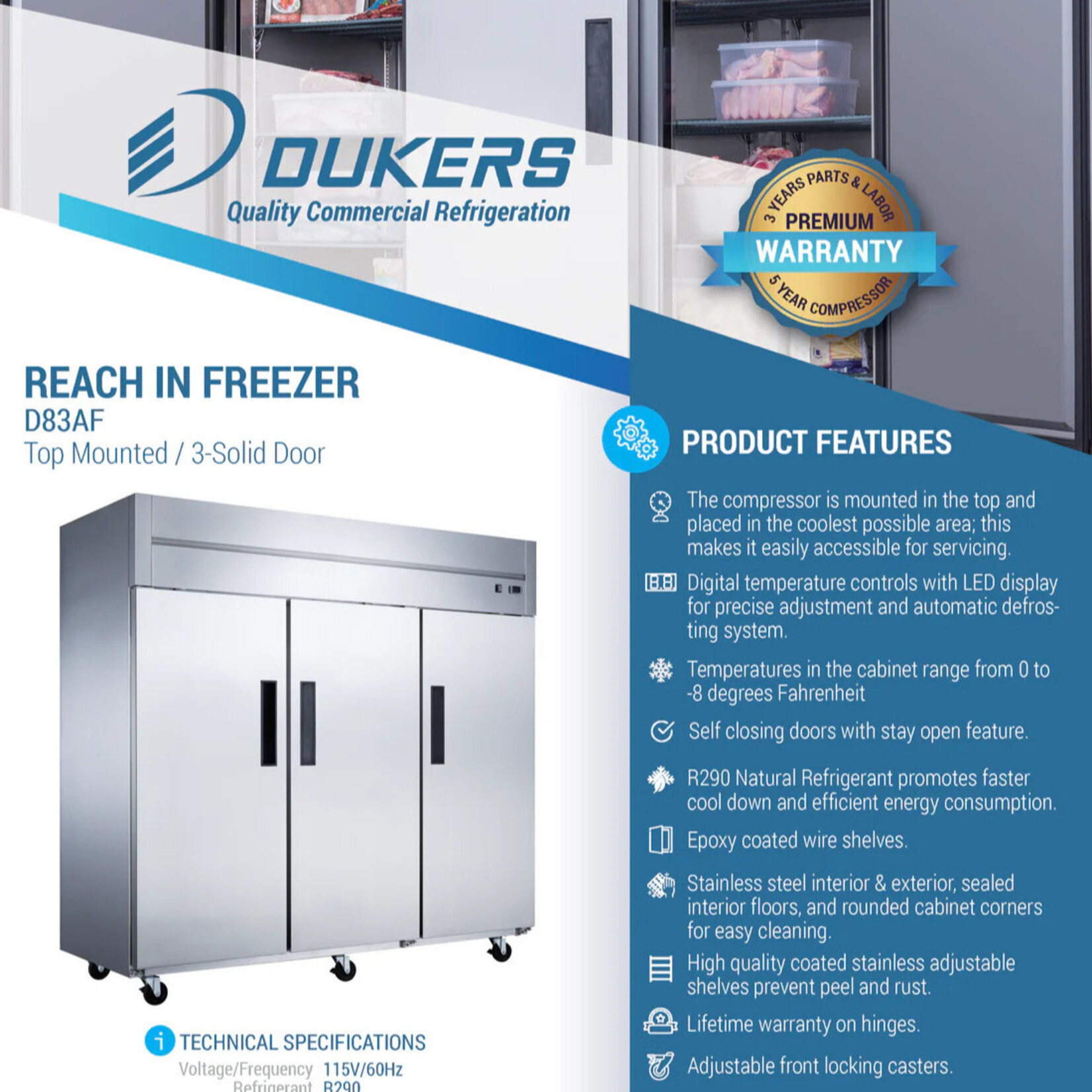 DUKERS DUKERS - Commercial 3-Door Top Mount Freezer in Stainless Steel