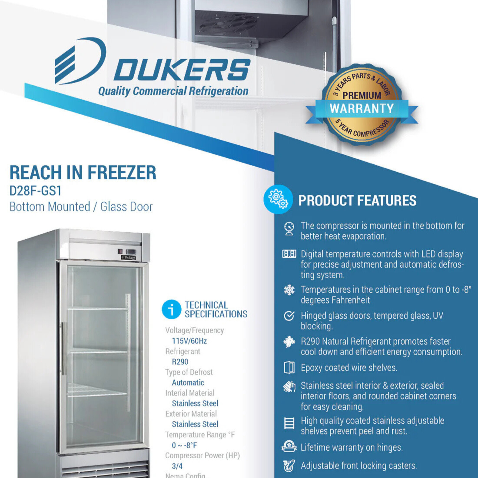 DUKERS DUKERS - Bottom Mount Glass Single Door Commercial Reach-in Freezer