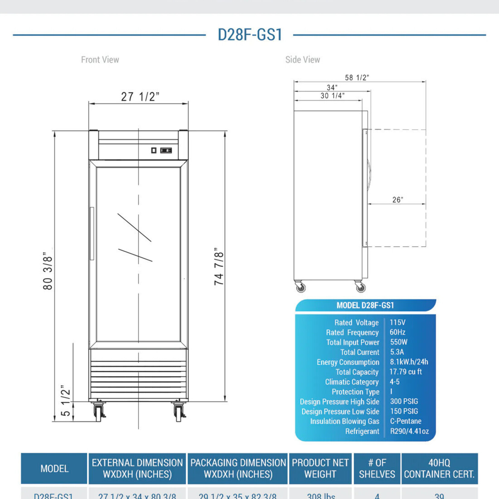 DUKERS DUKERS - Bottom Mount Glass Single Door Commercial Reach-in Freezer