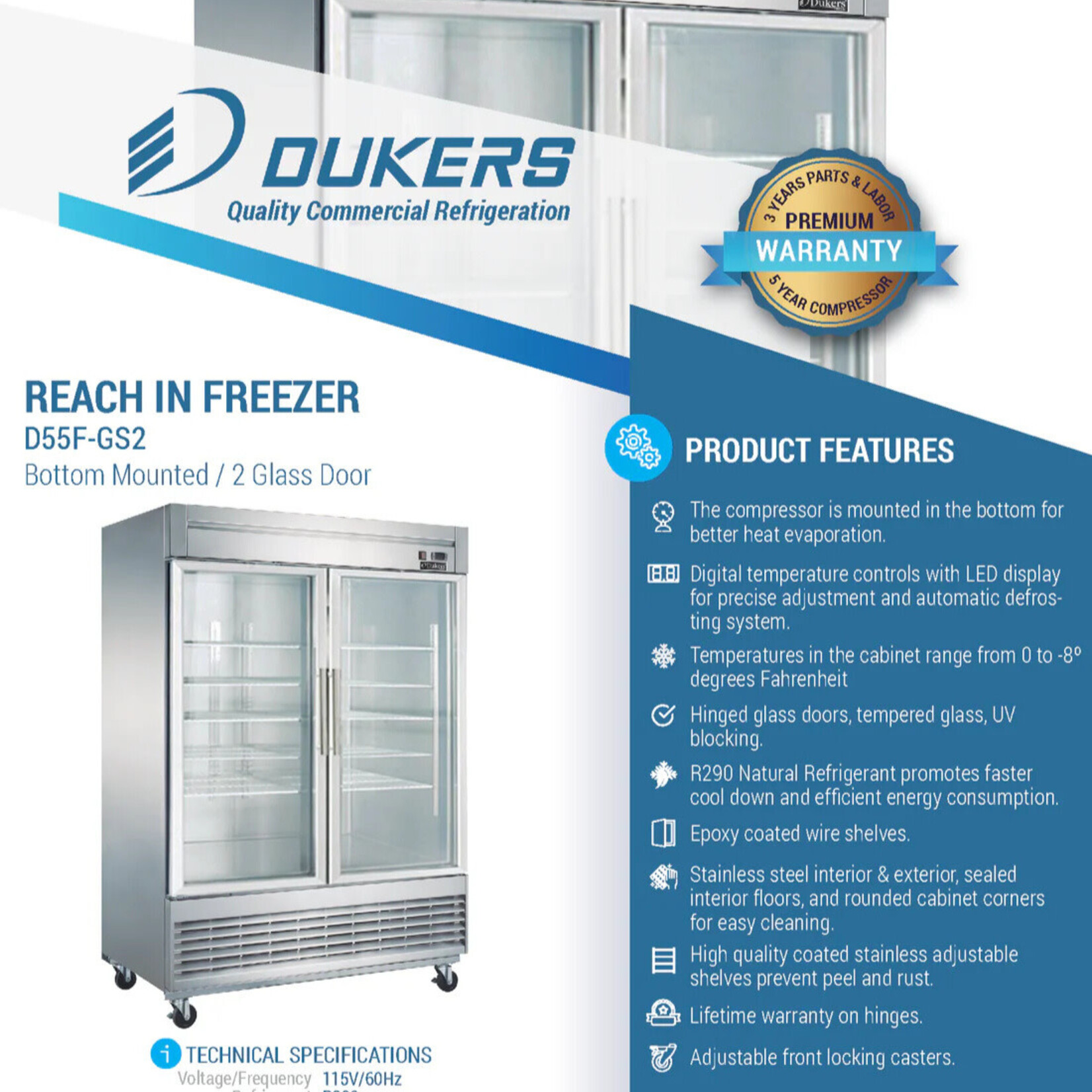 DUKERS DUKERS - Bottom Mount Glass 2-Door Commercial Reach-in Freezer