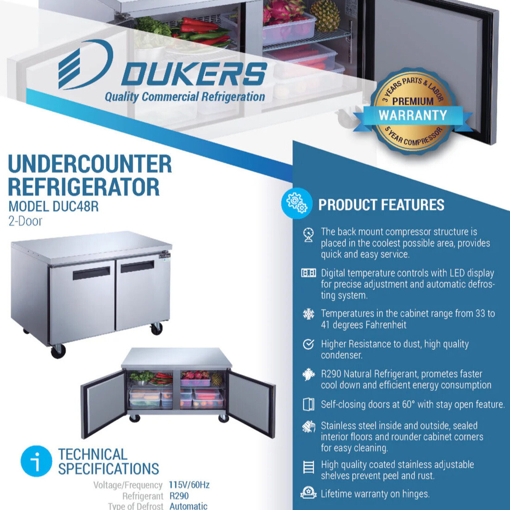 DUKERS DUKERS - 2-Door Undercounter Refrigerator in Stainless Steel
