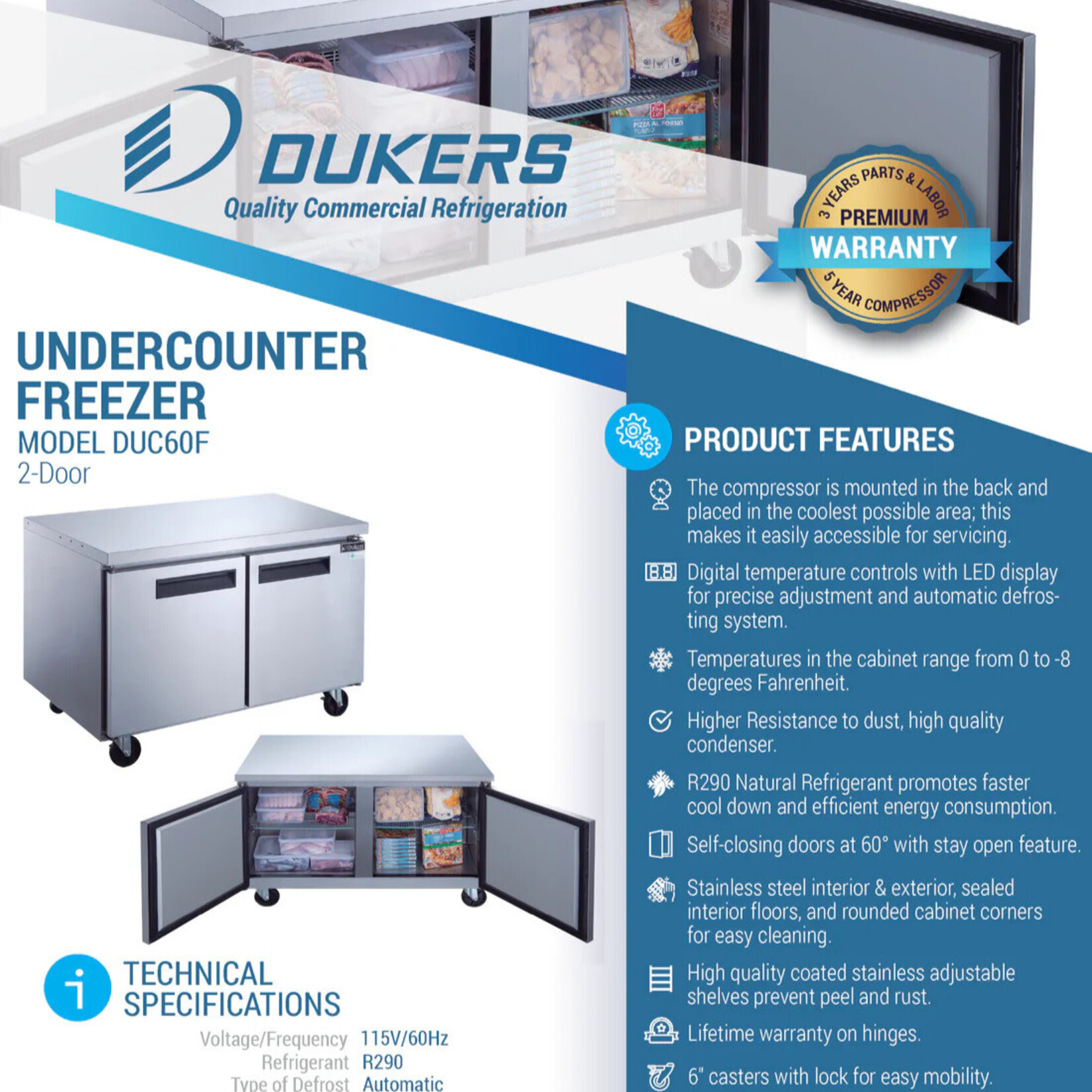 DUKERS DUKERS - 2-Door Undercounter Commercial Freezer in Stainless Steel