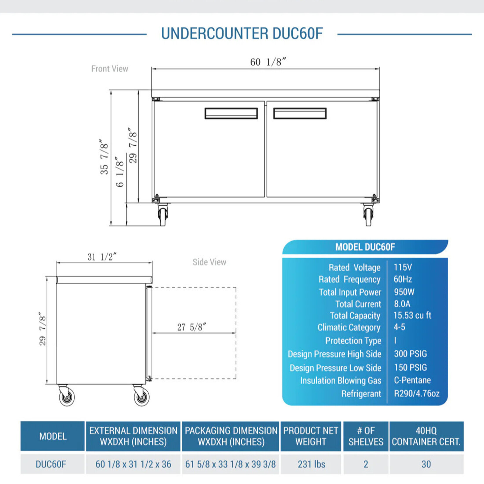 DUKERS DUKERS - 2-Door Undercounter Commercial Freezer in Stainless Steel