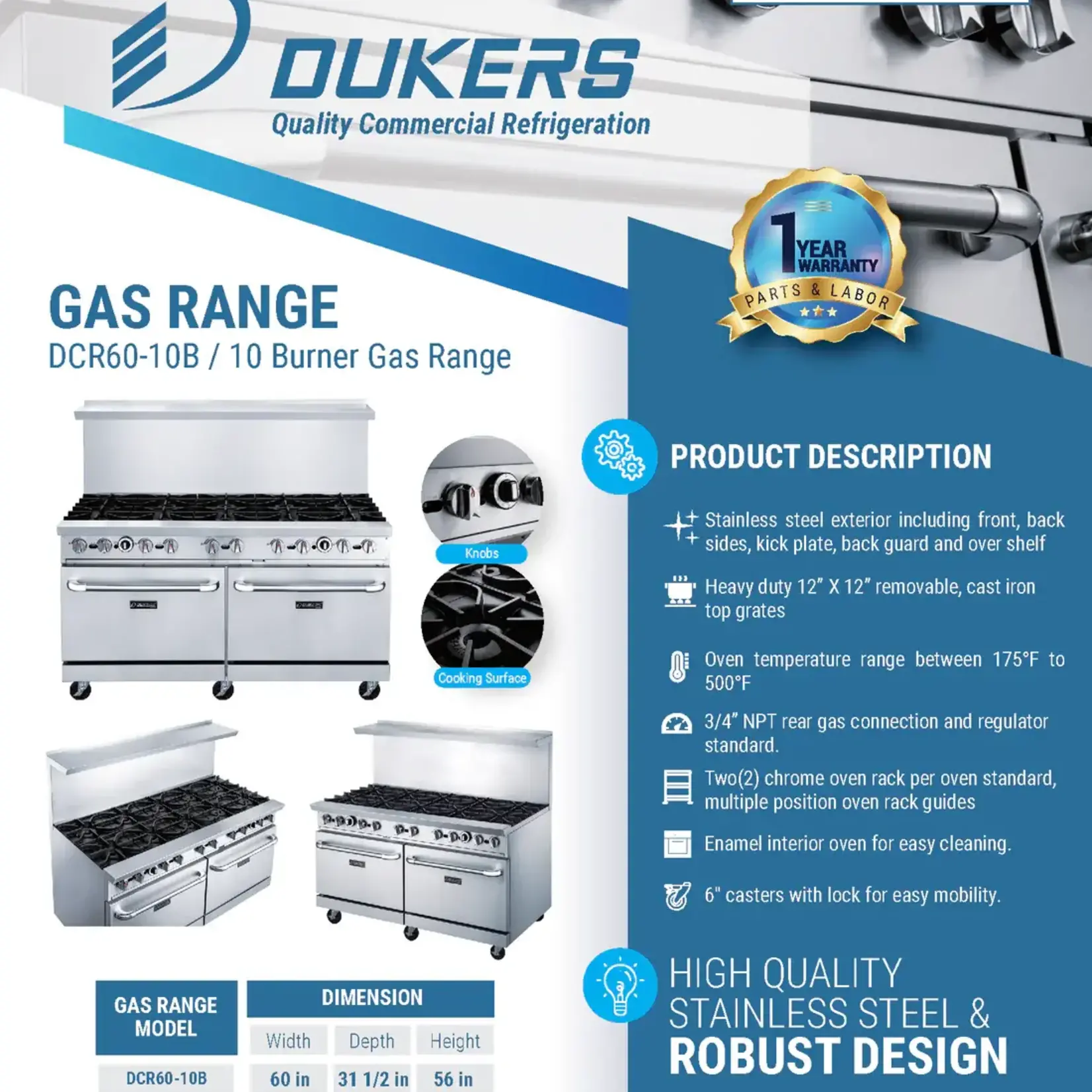 DUKERS DUKERS - 60" Gas Range with Ten (10) Open Burners