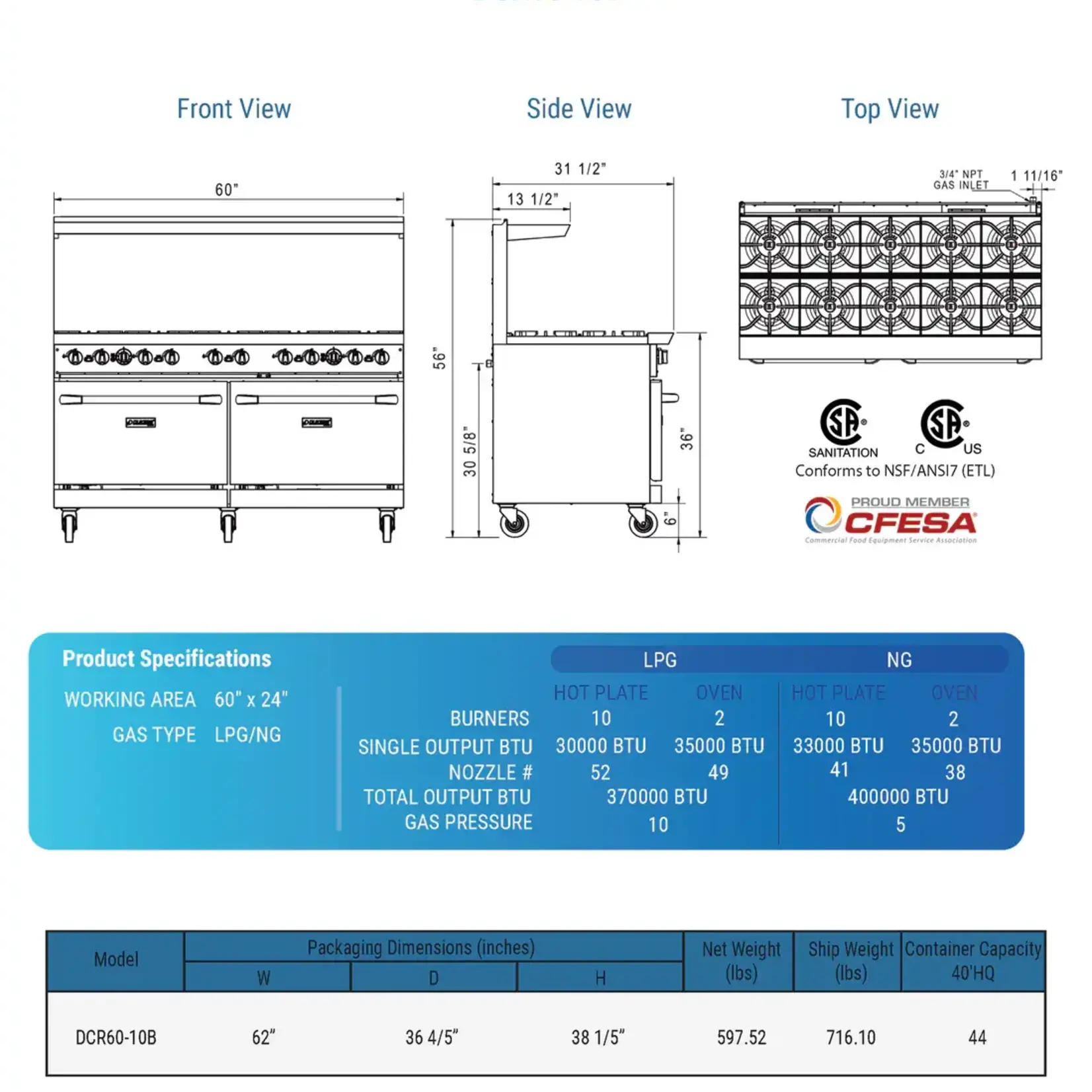 DUKERS DUKERS - 60" Gas Range with Ten (10) Open Burners