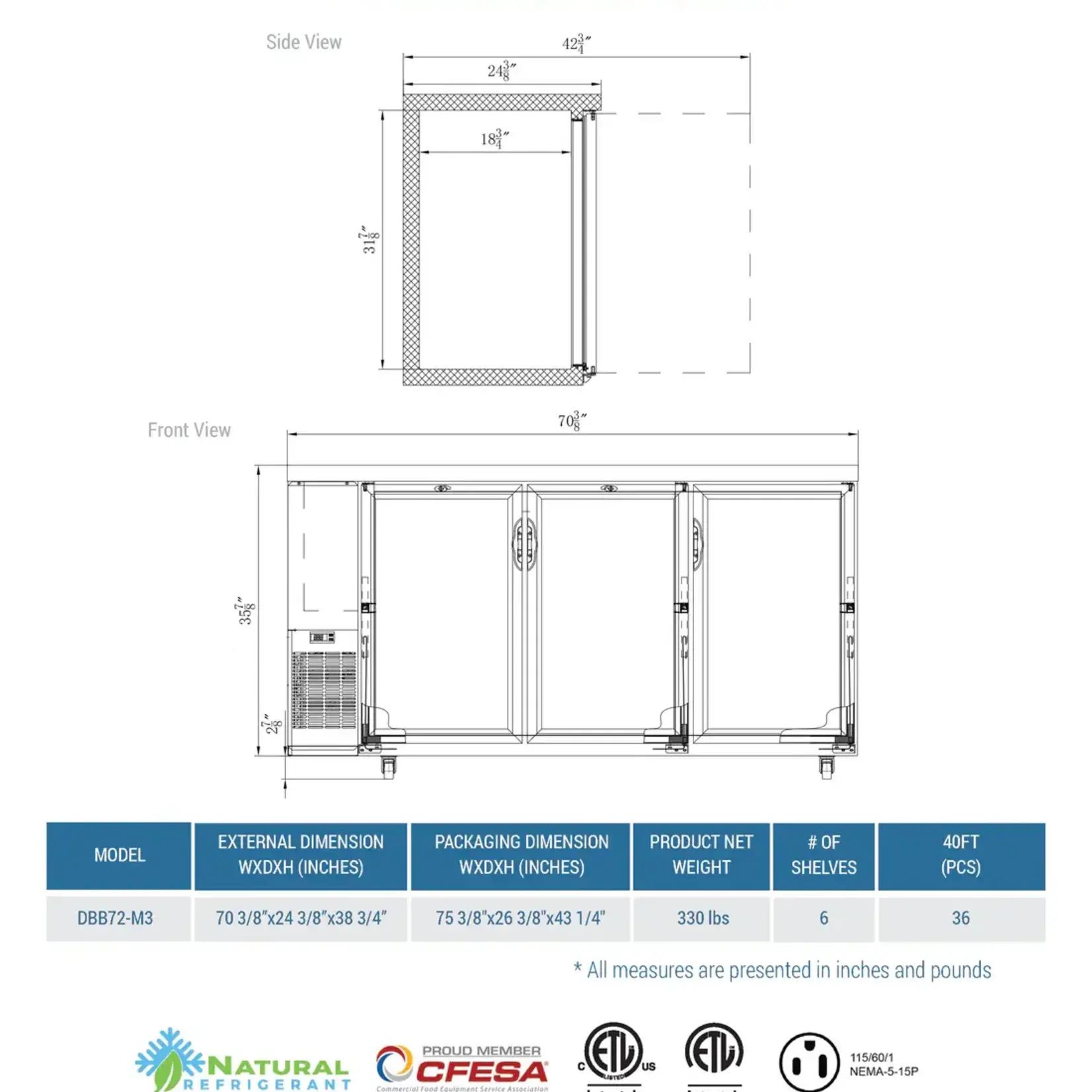 DUKERS DUKERS - 3-Door Bar and Beverage Cooler (Solid Doors)
